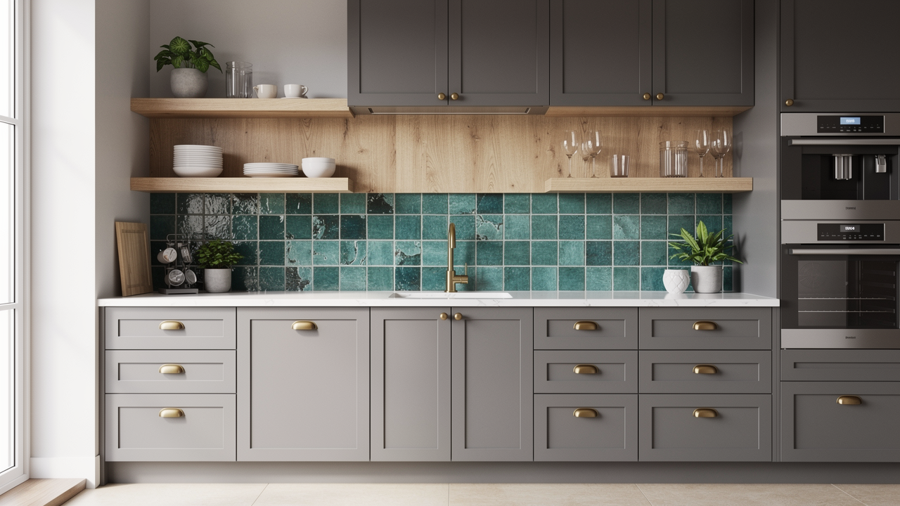 Cool grey kitchen with teal encaustic tile backsplash, white countertops and brass hardware