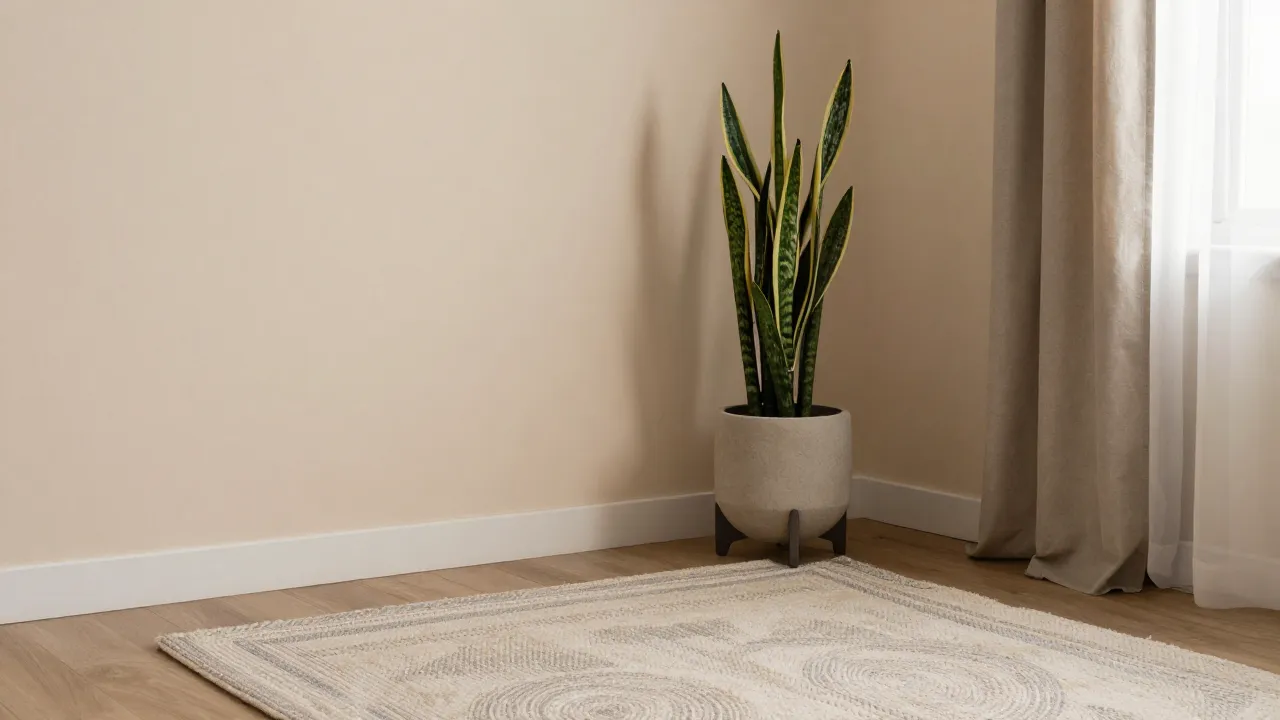 Cozy men's bedroom corner with a jute area rug, snake plant, and layered warm lighting under a $200 budget