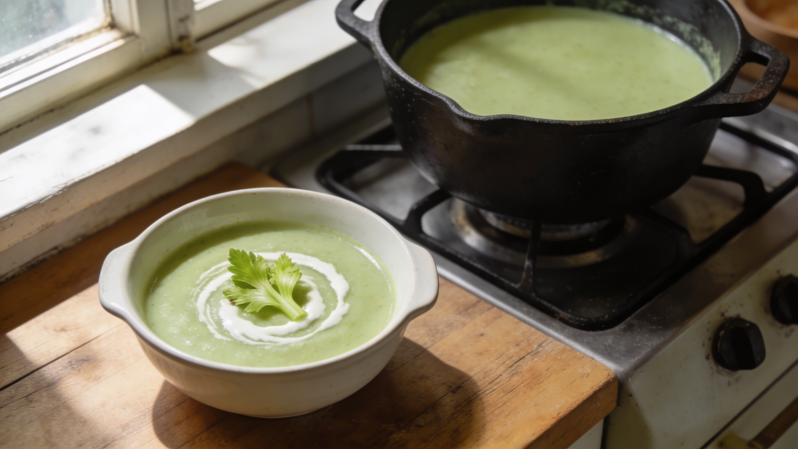 Cream stirred into blended celery soup while seasoning with salt and lemon