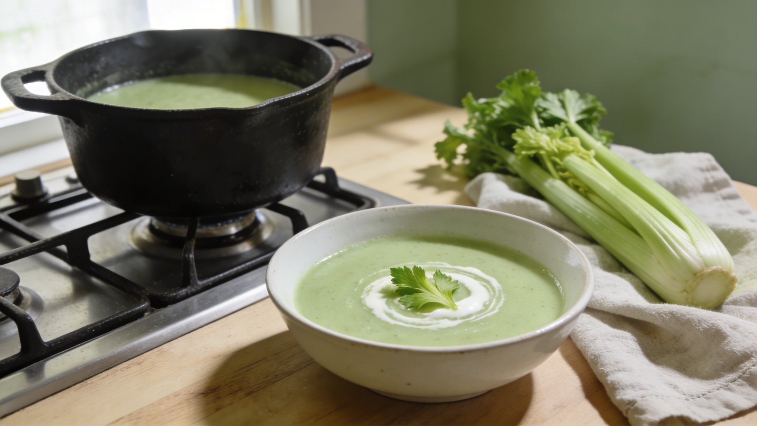 Creamy celery soup served in a white bowl with swirl of cream and celery leaves