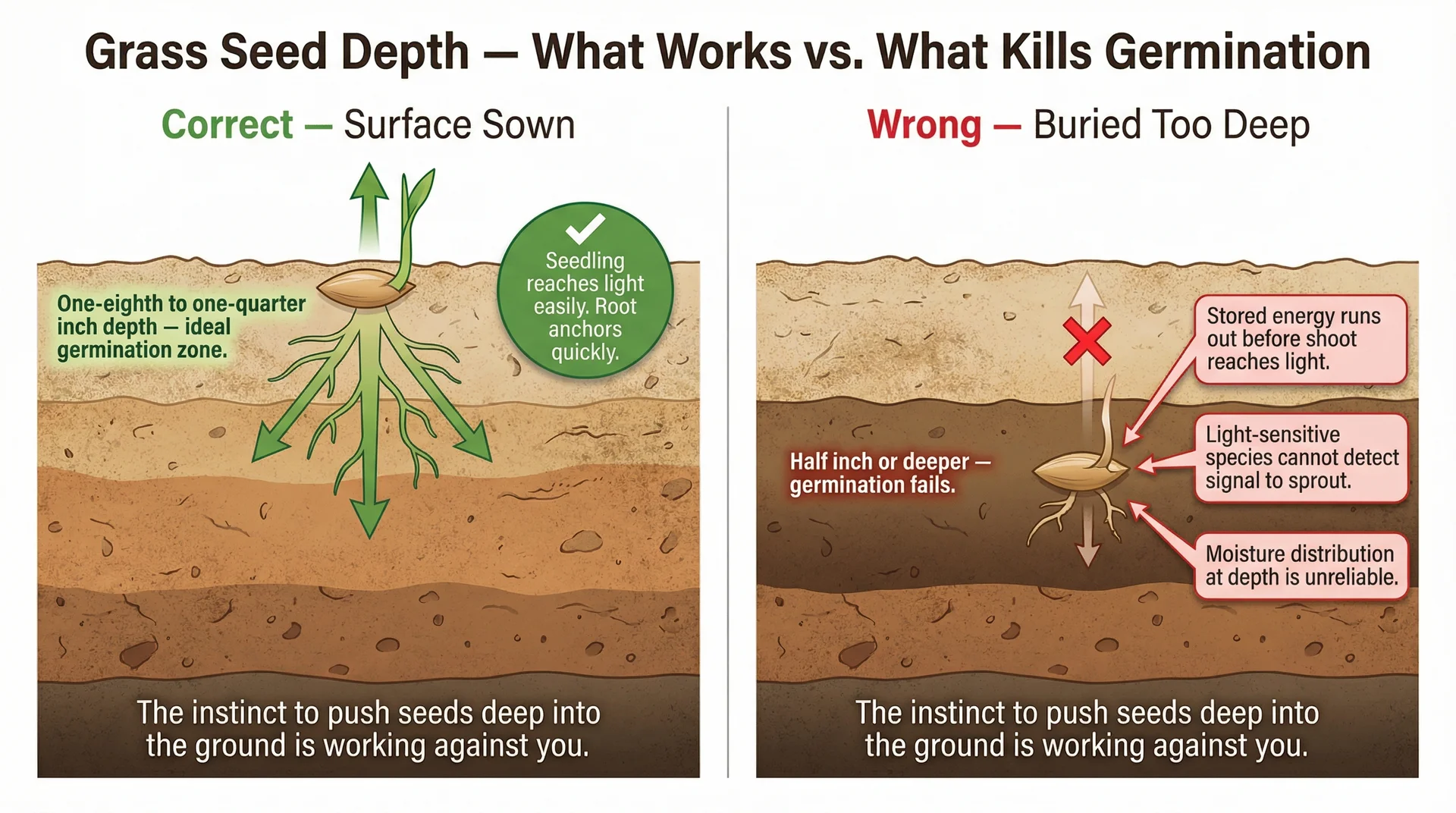Cross-section diagram comparing correct surface sowing depth versus too-deep planting and why buried seeds fail to germinate

