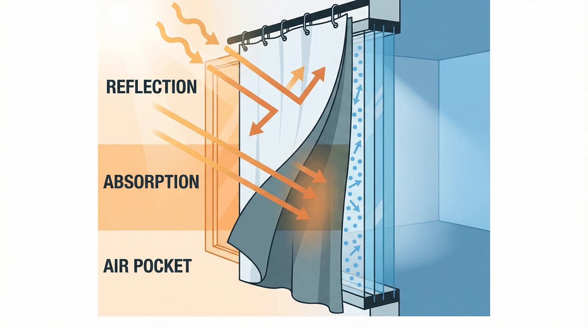 Cross-section diagram showing how blackout curtains reflect sunlight, absorb heat, and trap an insulating air pocket