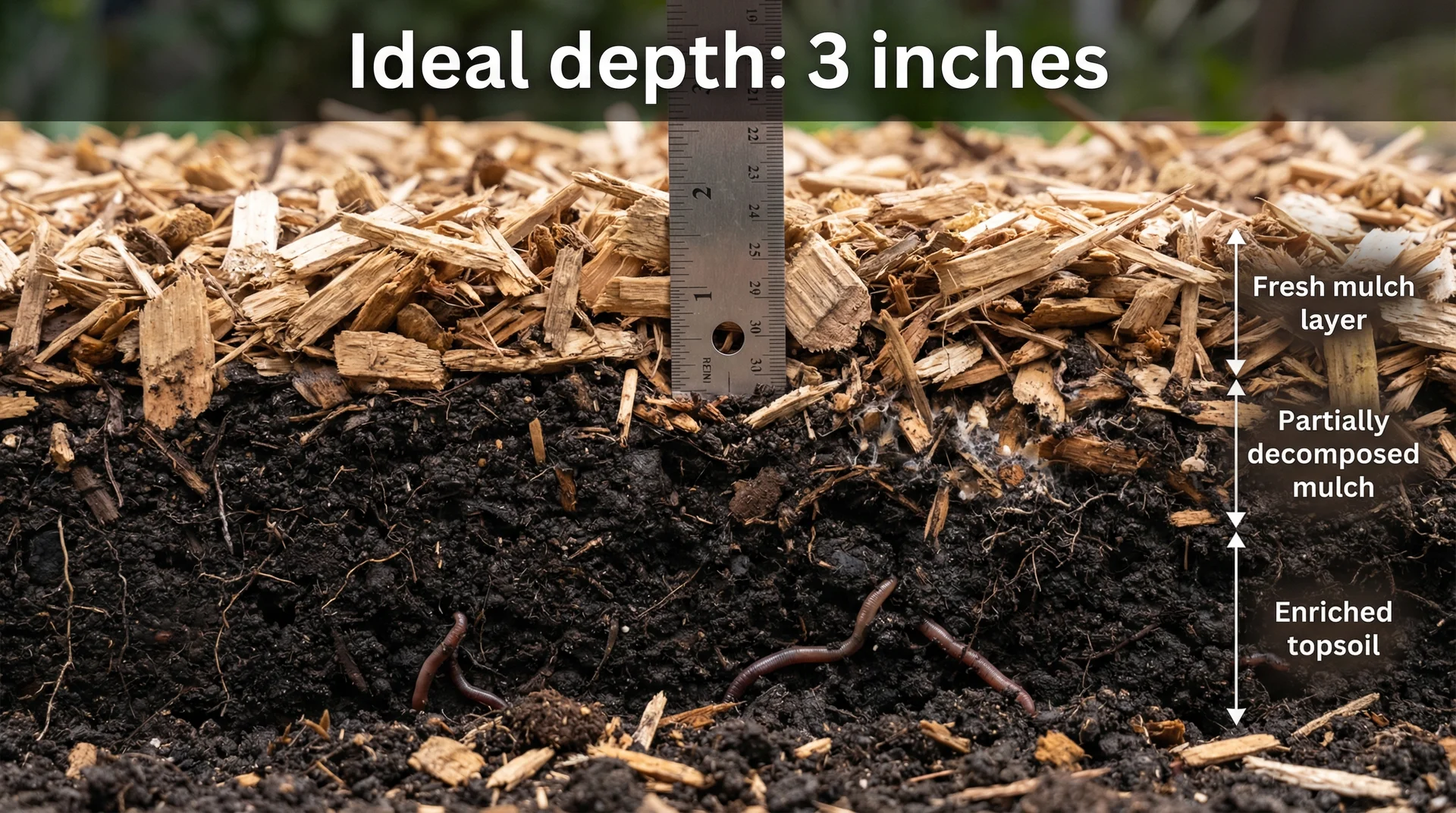 Cross-section of a garden bed showing 3-inch mulch depth with ruler, labeled from fresh mulch layer down to enriched topsoil
