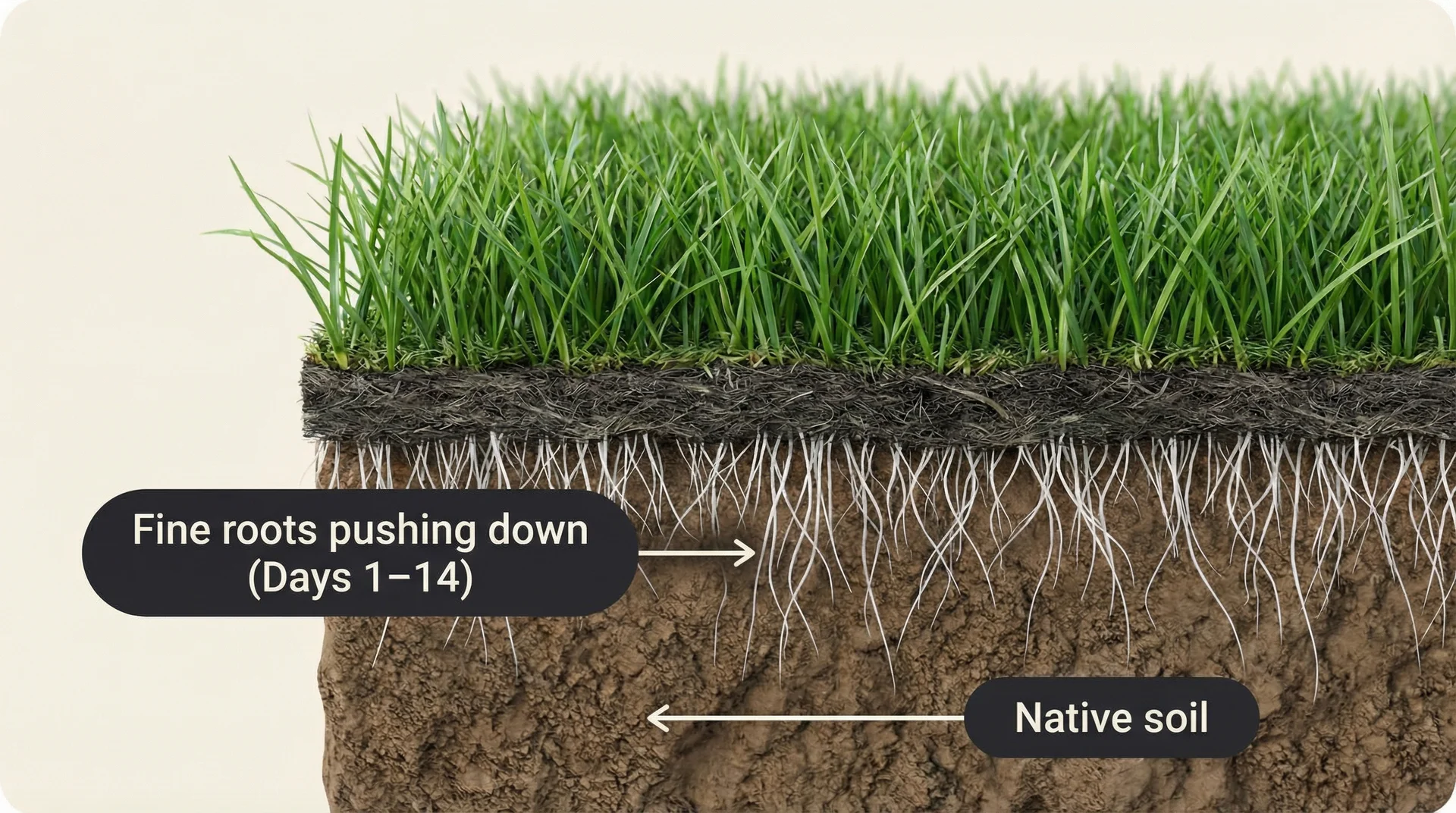 Cross-section of sod showing fine white roots extending 1–2 inches into native soil during the first two weeks.