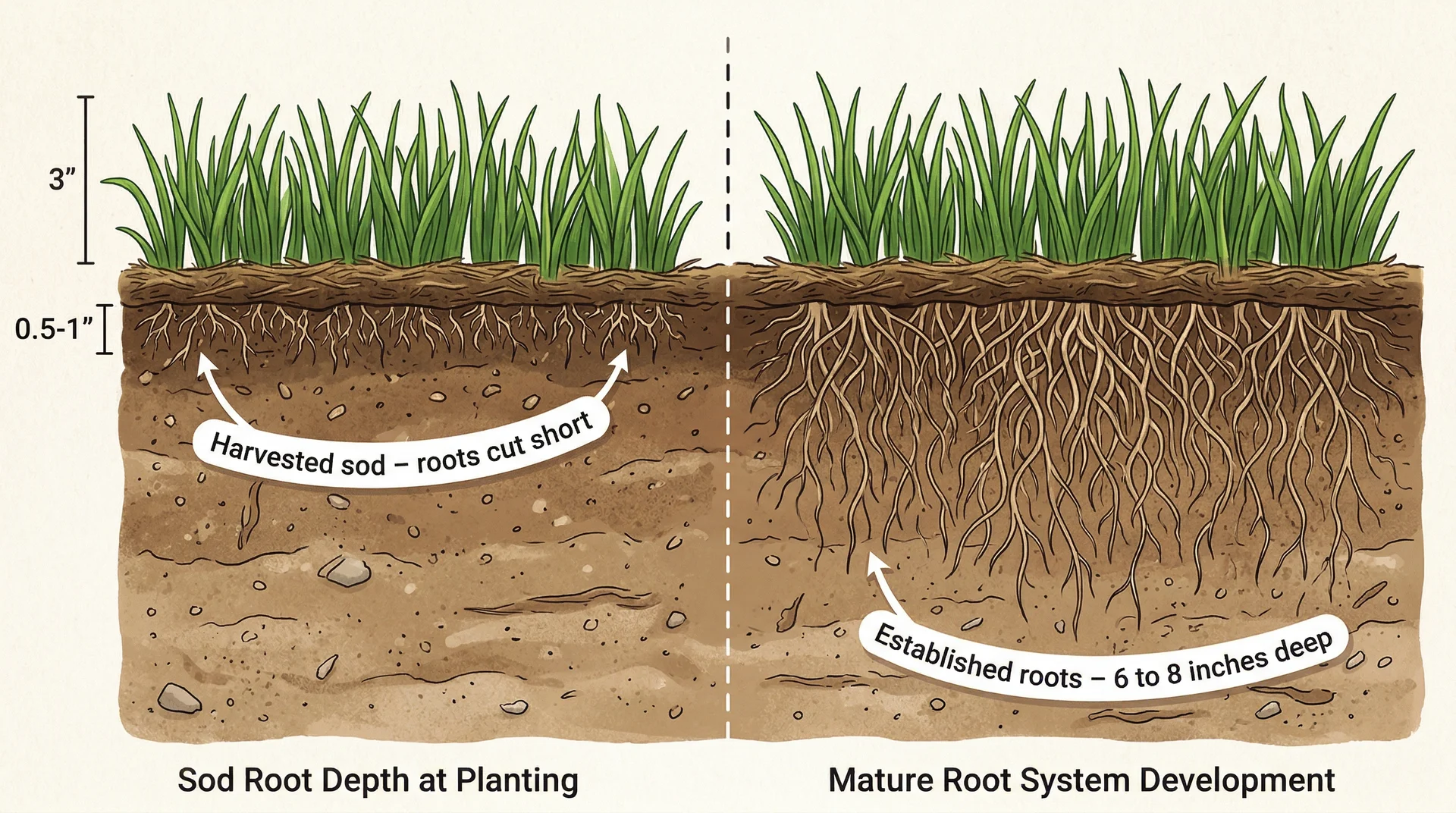 Cross-section showing harvested sod's shallow root mat vs. deep established roots after full growth
