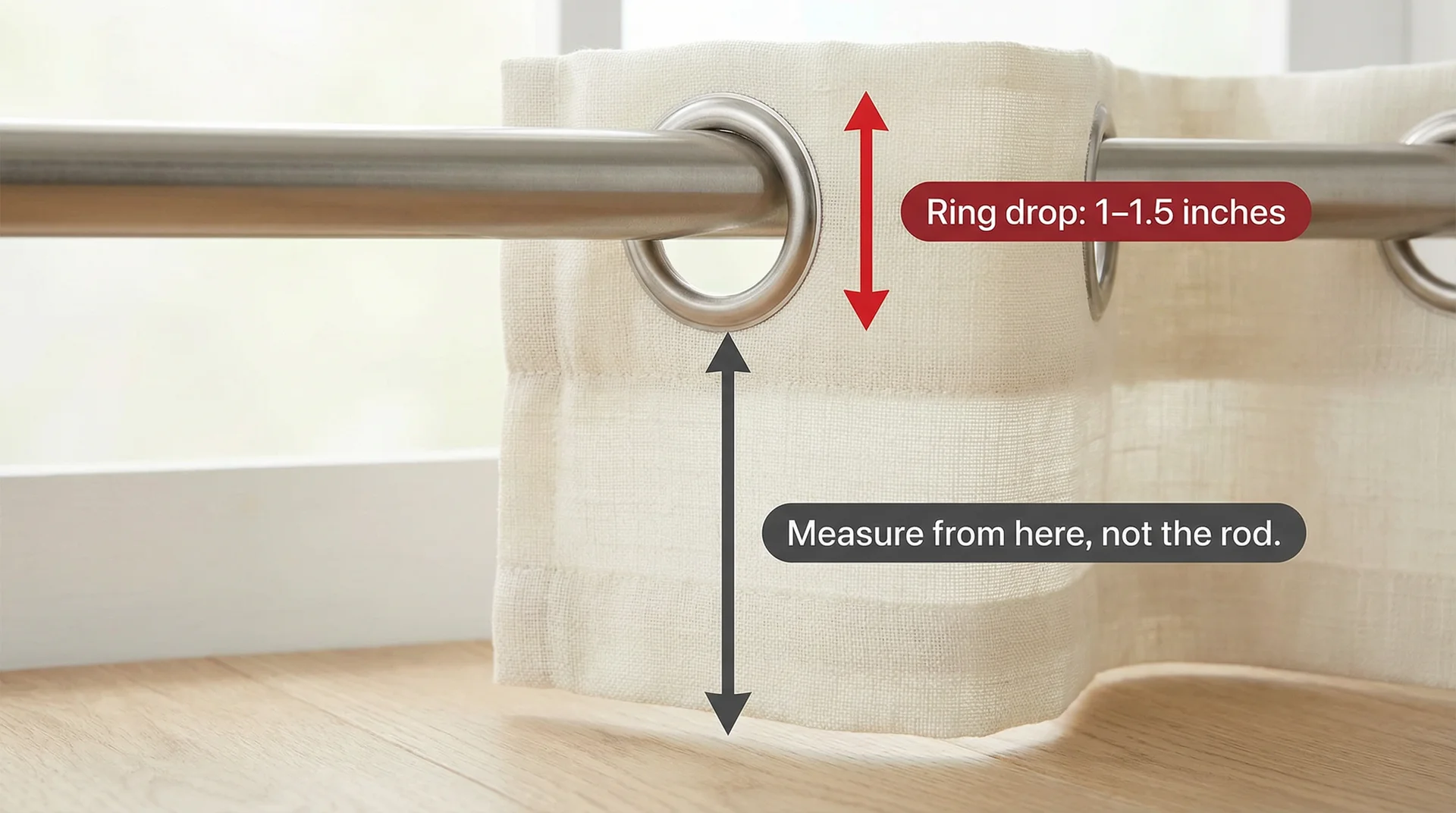 Curtain rod with eyelet ring showing the correct measurement point from ring bottom to floor 