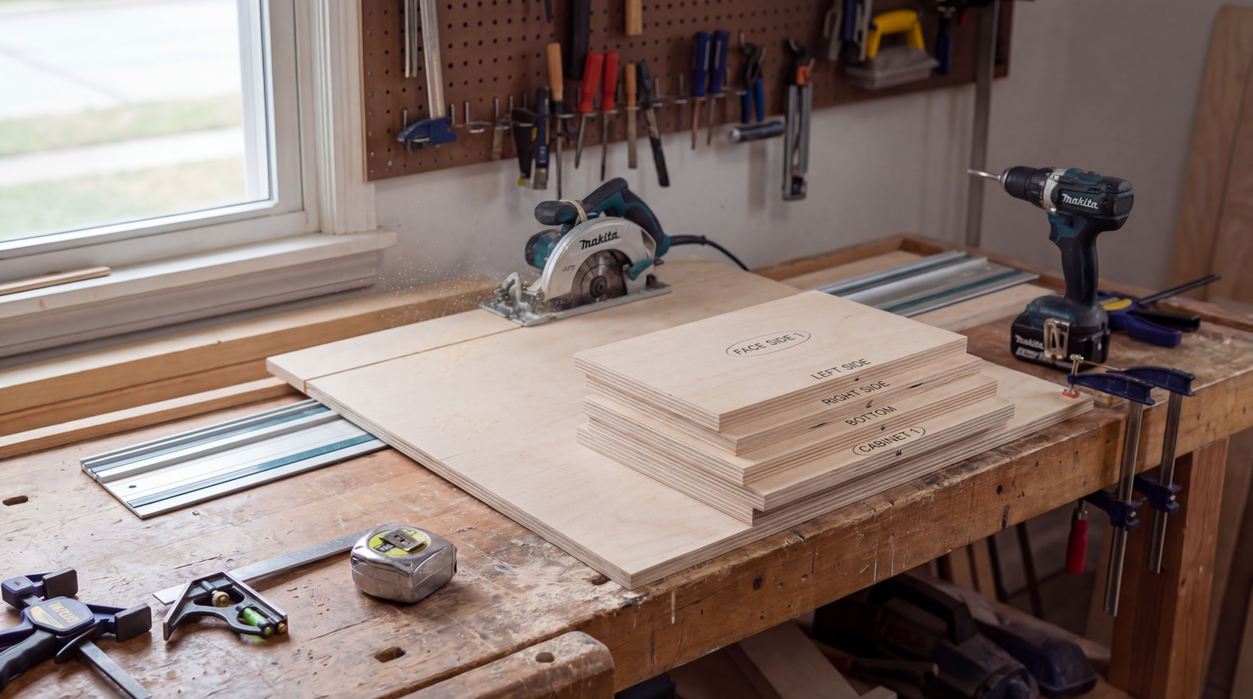 Cutting plywood into labeled cabinet parts including sides and bottom panels