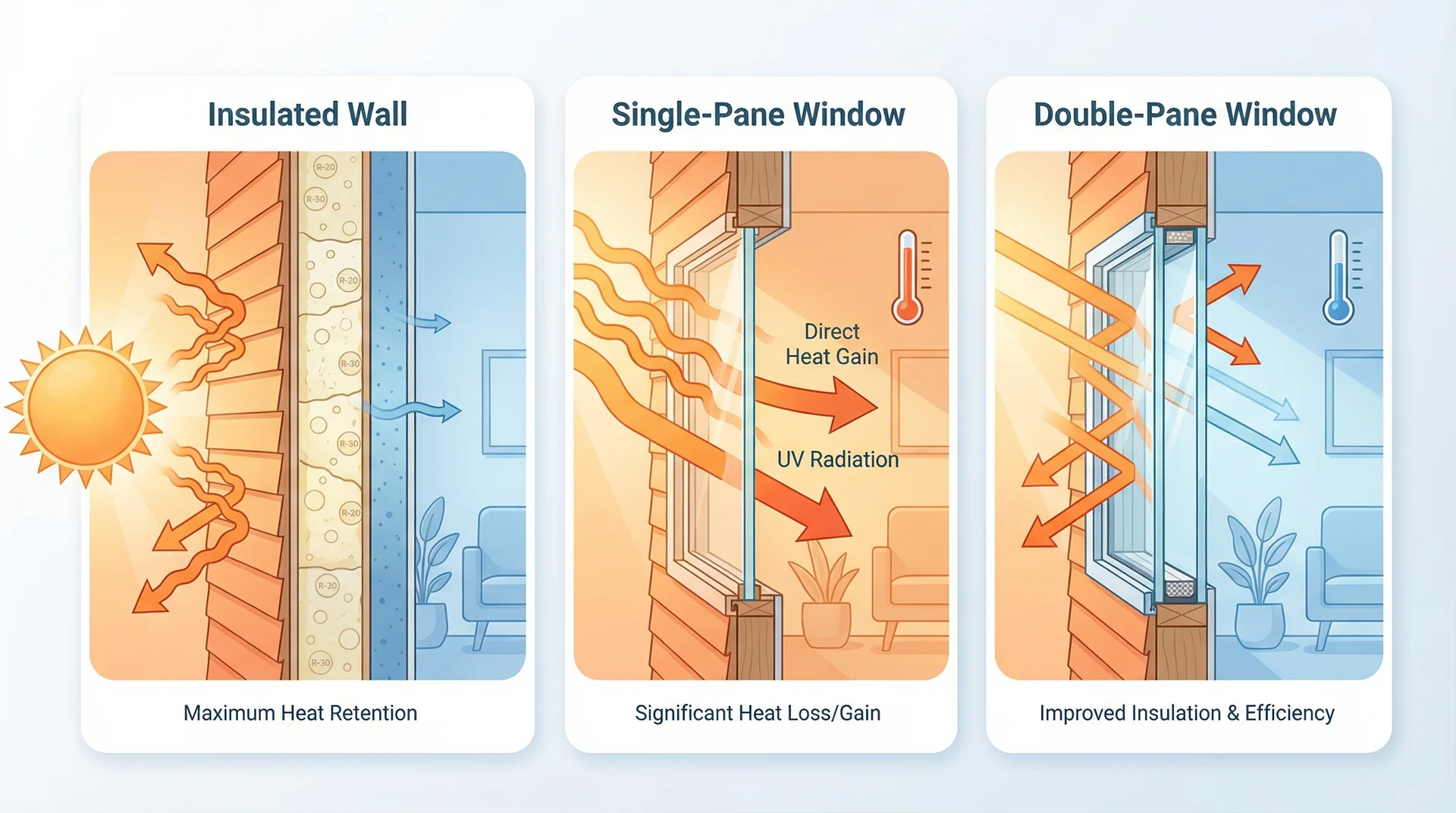 Diagram comparing heat transfer through an insulated wall vs single-pane and double-pane windows
