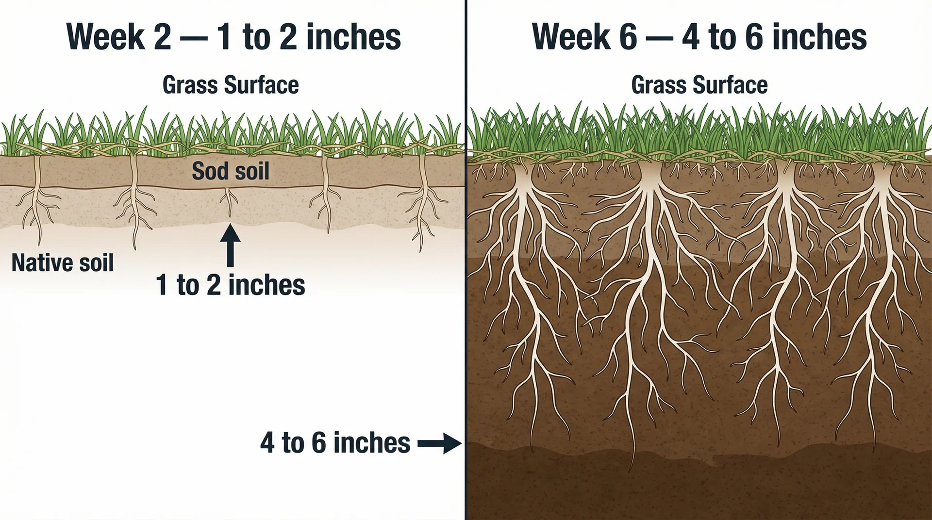 Diagram comparing sod root depth at week two (1–2 inches) vs week six (4–6 inches) in native soil.
