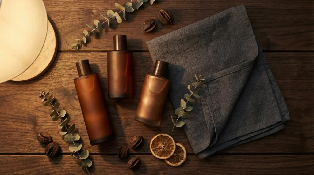 Editorial flat-lay of bronzer and accelerator combo tanning lotions on dark wood — guide to the best bronzer and accelerator combo tanning lotion for indoor tanning