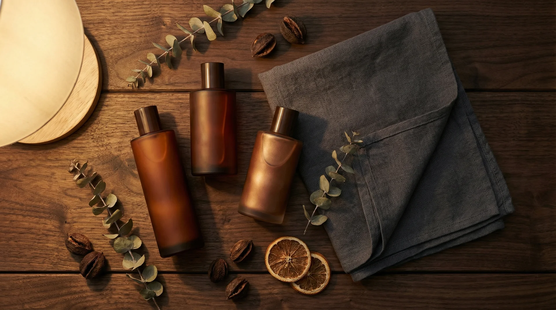 Editorial flat-lay of bronzer and accelerator combo tanning lotions on dark wood — guide to the best bronzer and accelerator combo tanning lotion for indoor tanning