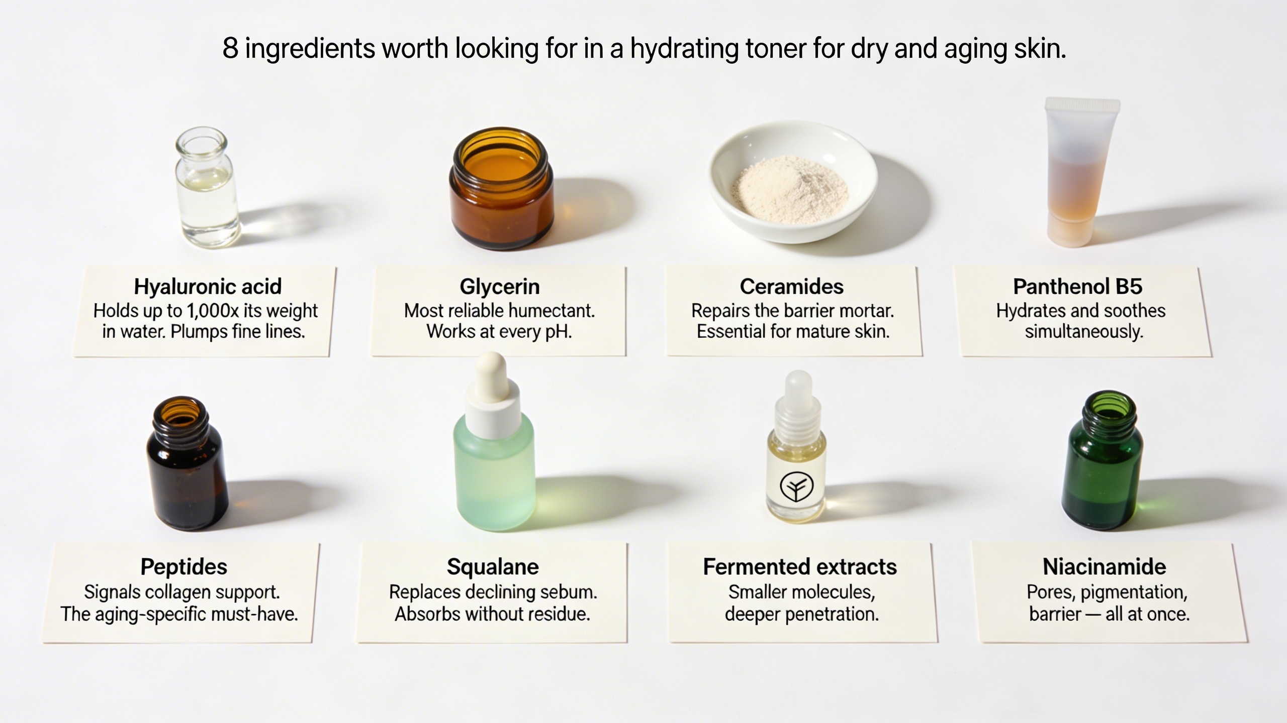 Eight key hydrating toner ingredients for dry and aging skin labeled with their benefits.