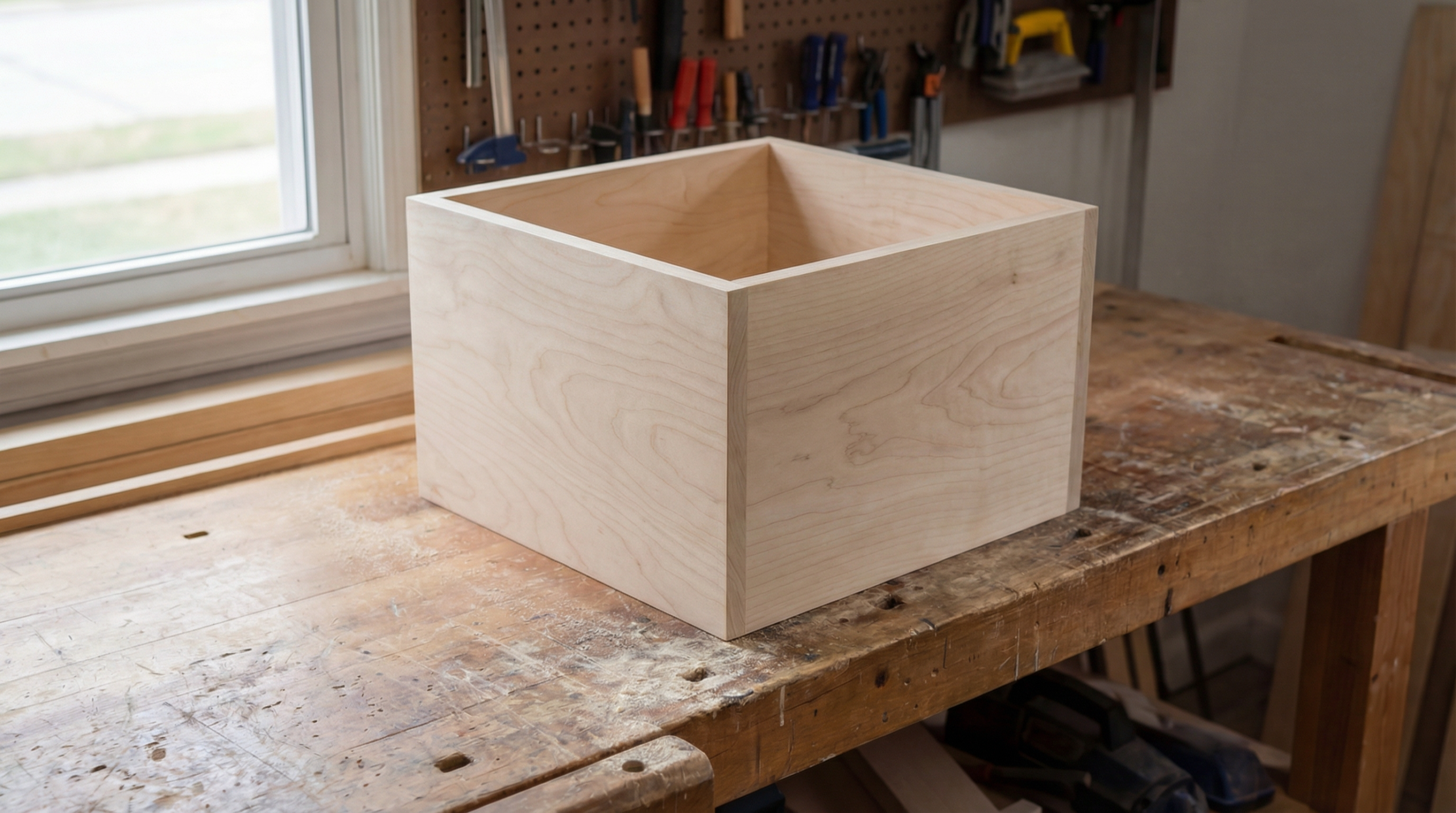 Finished cabinet box built from plywood with clean edges and square structure