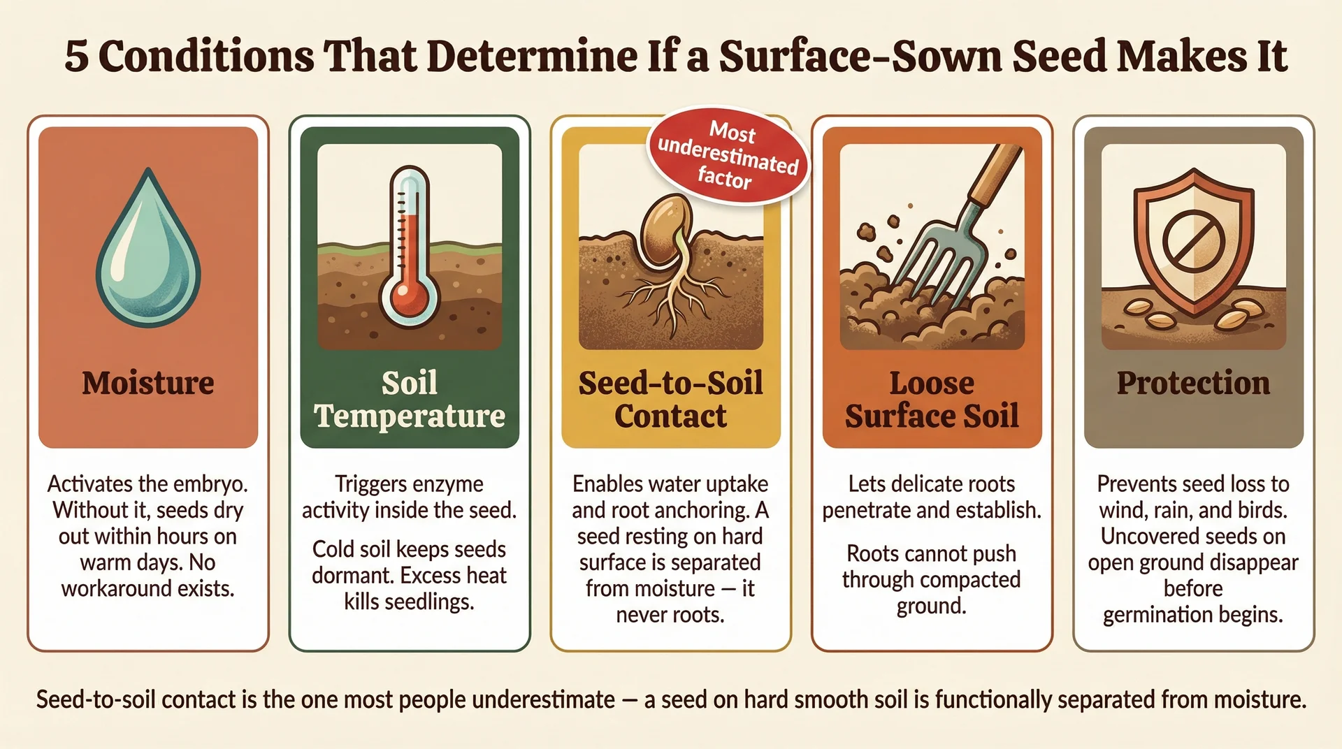 Five-card infographic showing the conditions grass seed needs to germinate including moisture, soil temperature, and seed-to-soil contact
