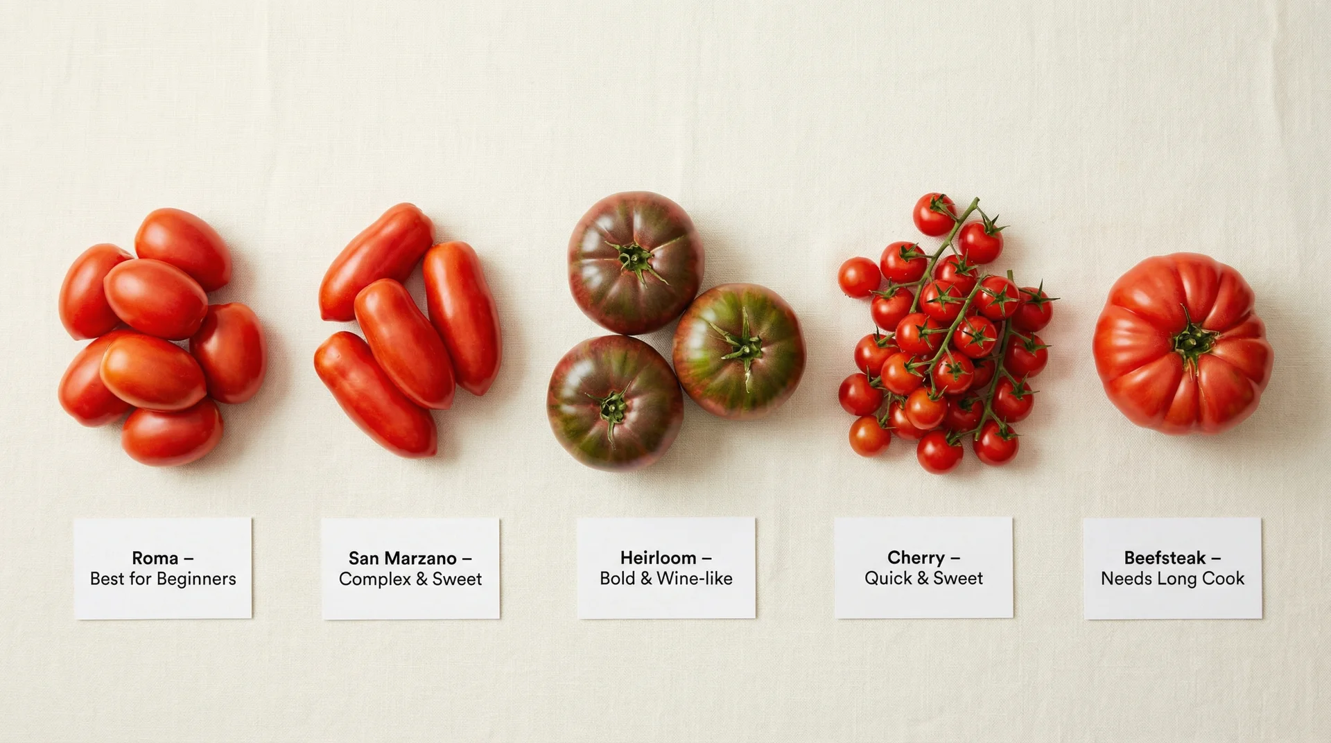 Five fresh tomato varieties side by side labeled by flavour and cook time for pasta sauce