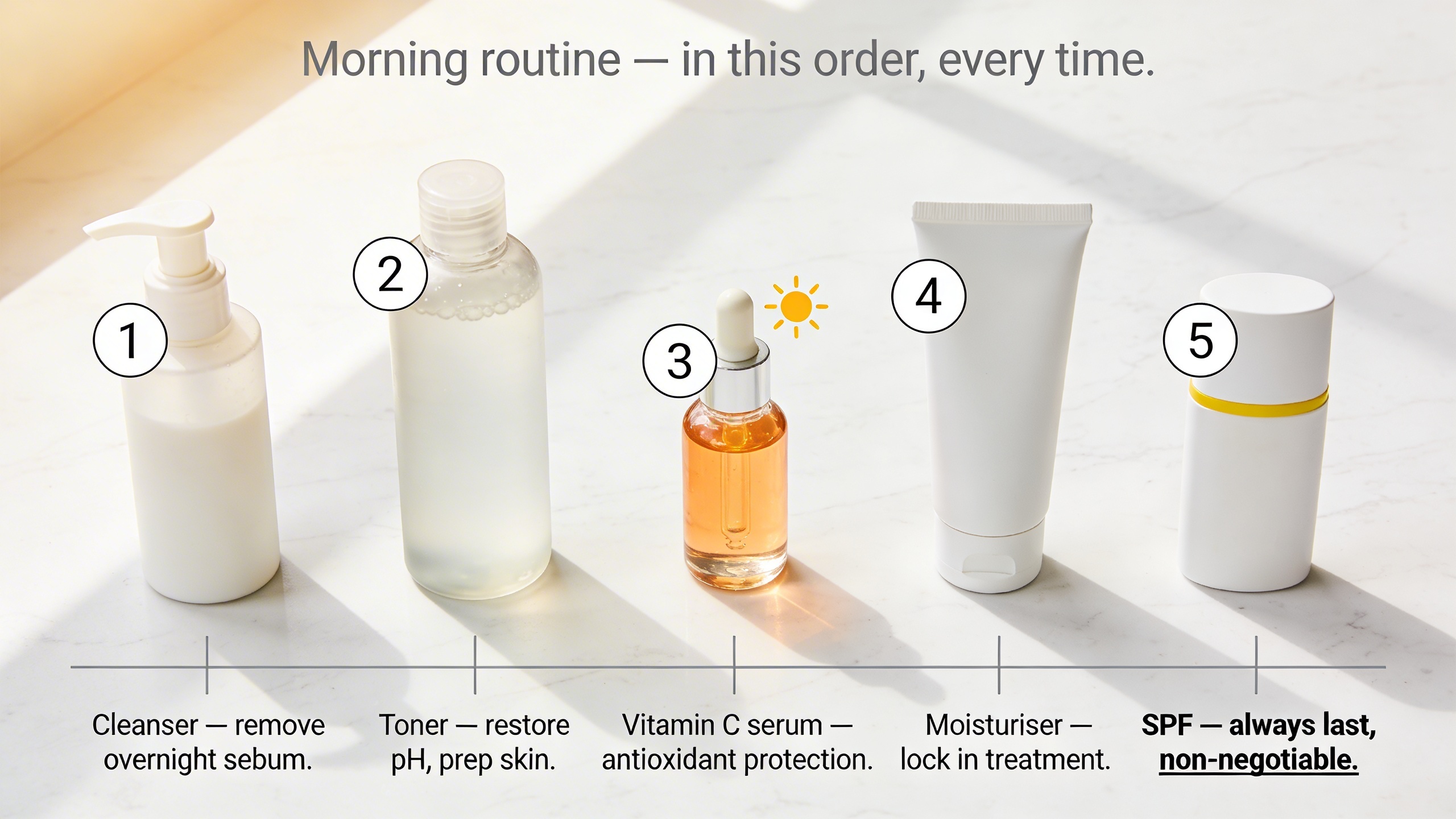 Five morning skincare products numbered in correct routine order from cleanser to SPF