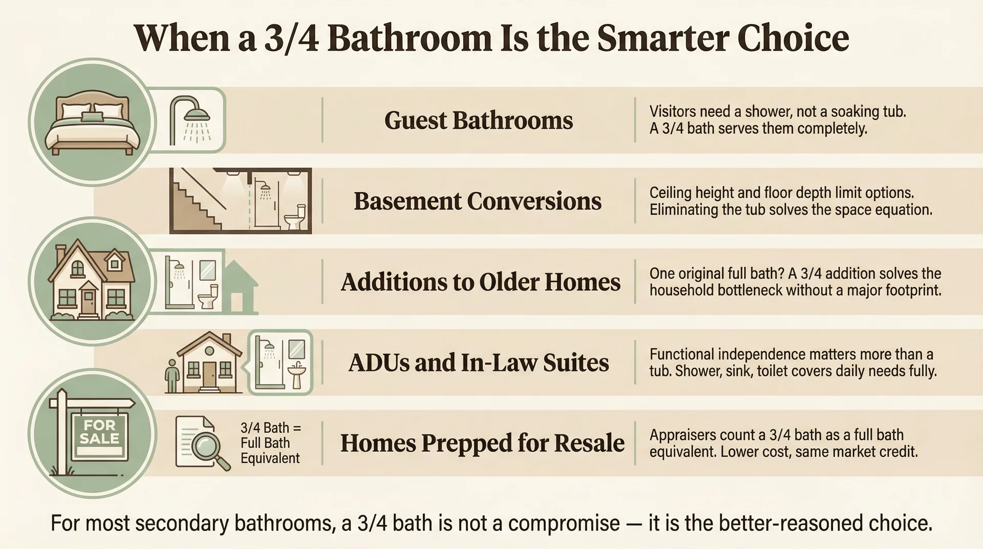 Five-row infographic showing five situations where a 3/4 bathroom is the smarter choice over a full bath
