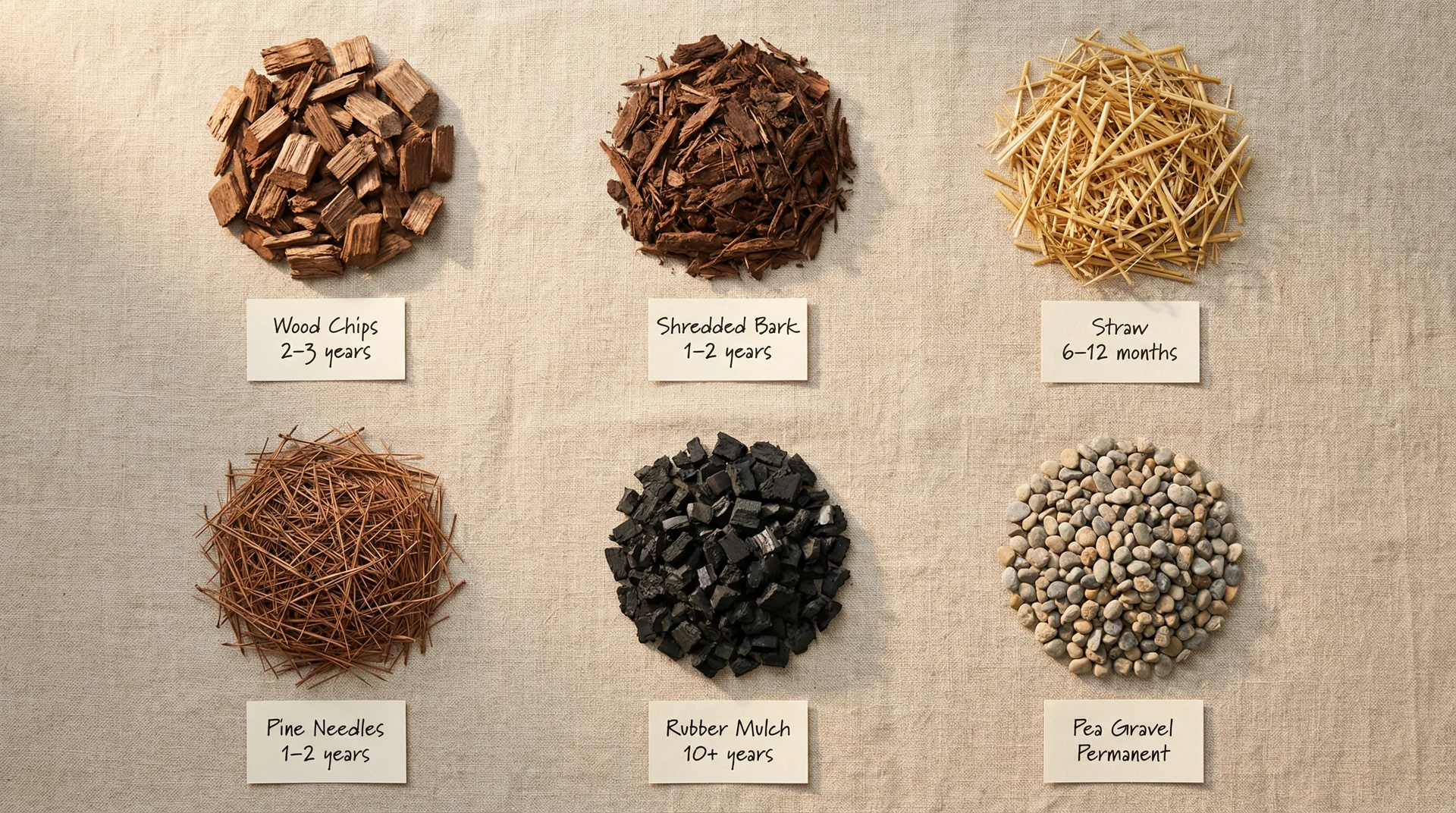 Flat-lay comparison of six mulch types showing wood chips, bark, straw, pine needles, rubber mulch, and gravel with lifespan labels 