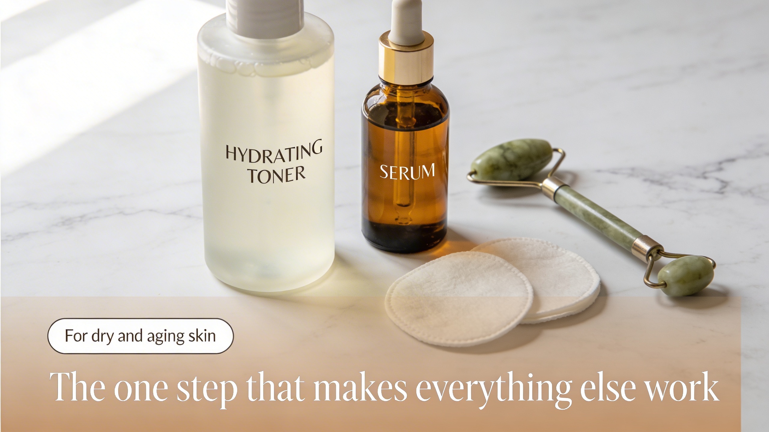 Flat lay of a hydrating toner and serum bottle on marble for dry and aging skin.