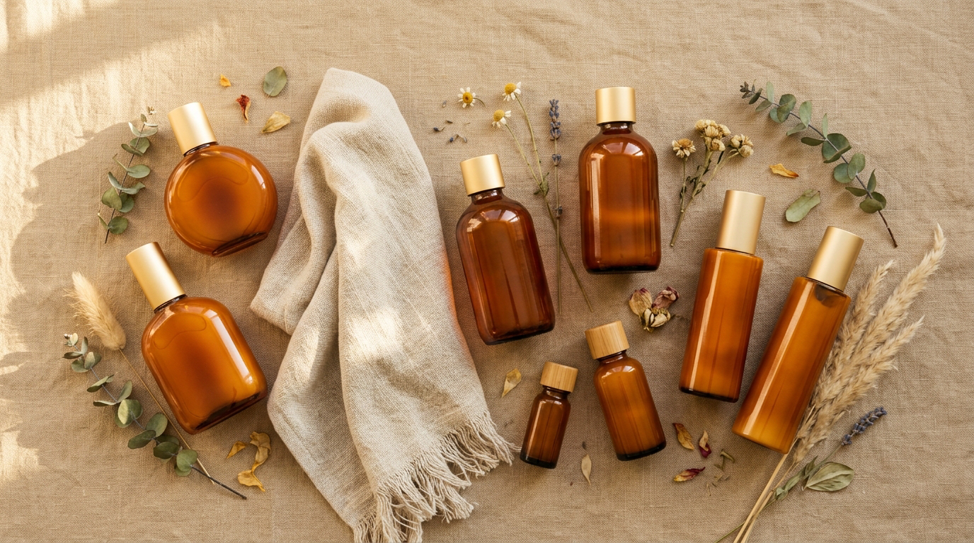 Flat-lay of tanning bed lotion bottles on warm linen — guide to choosing the best indoor tanning lotion by skin type and goal