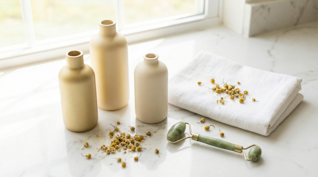 Flat-lay of tanning lotions for fair skin on white marble — esthetician guide to the best tanning lotion for fair and sensitive skin types