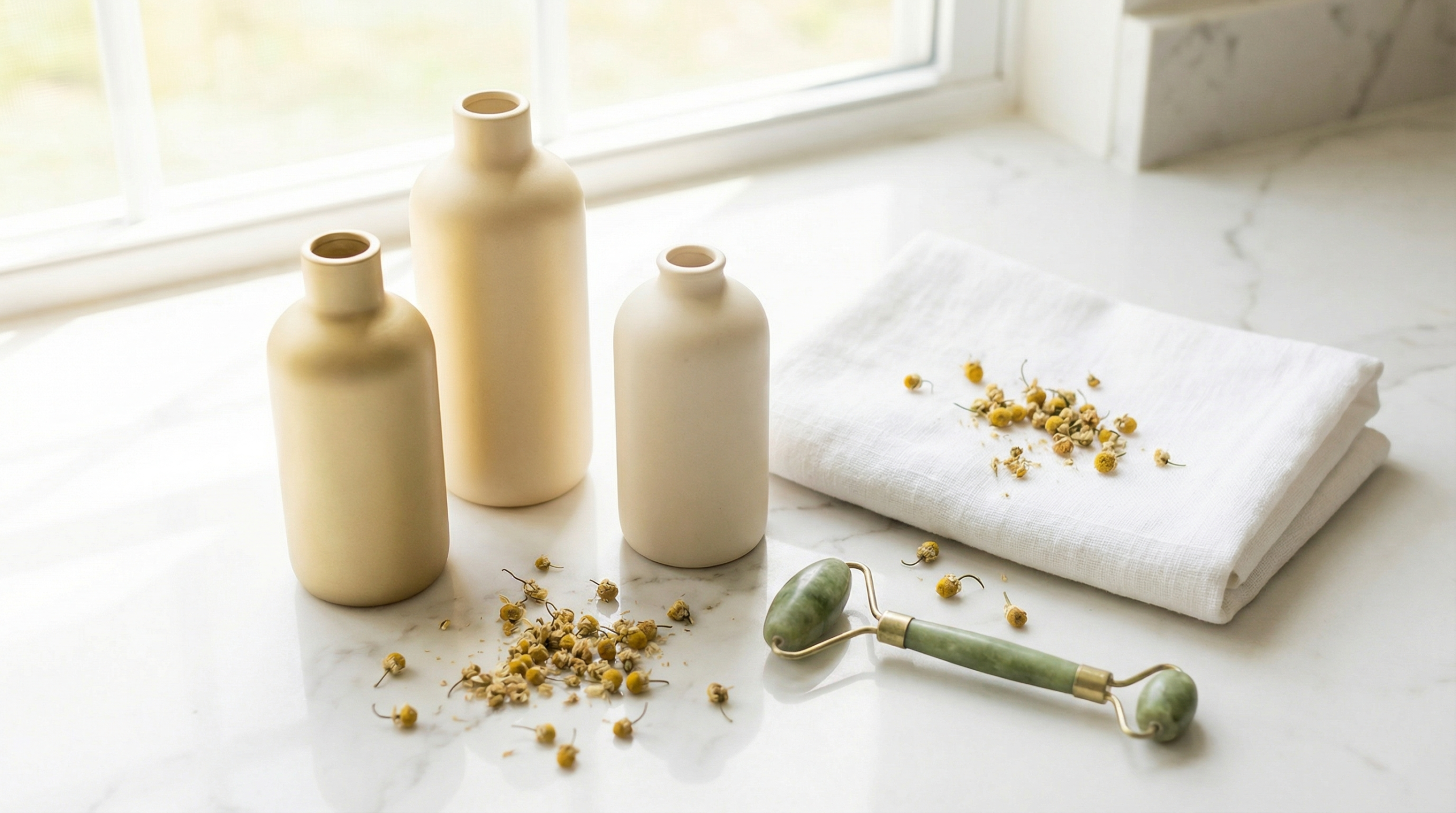 Flat-lay of tanning lotions for fair skin on white marble — esthetician guide to the best tanning lotion for fair and sensitive skin types