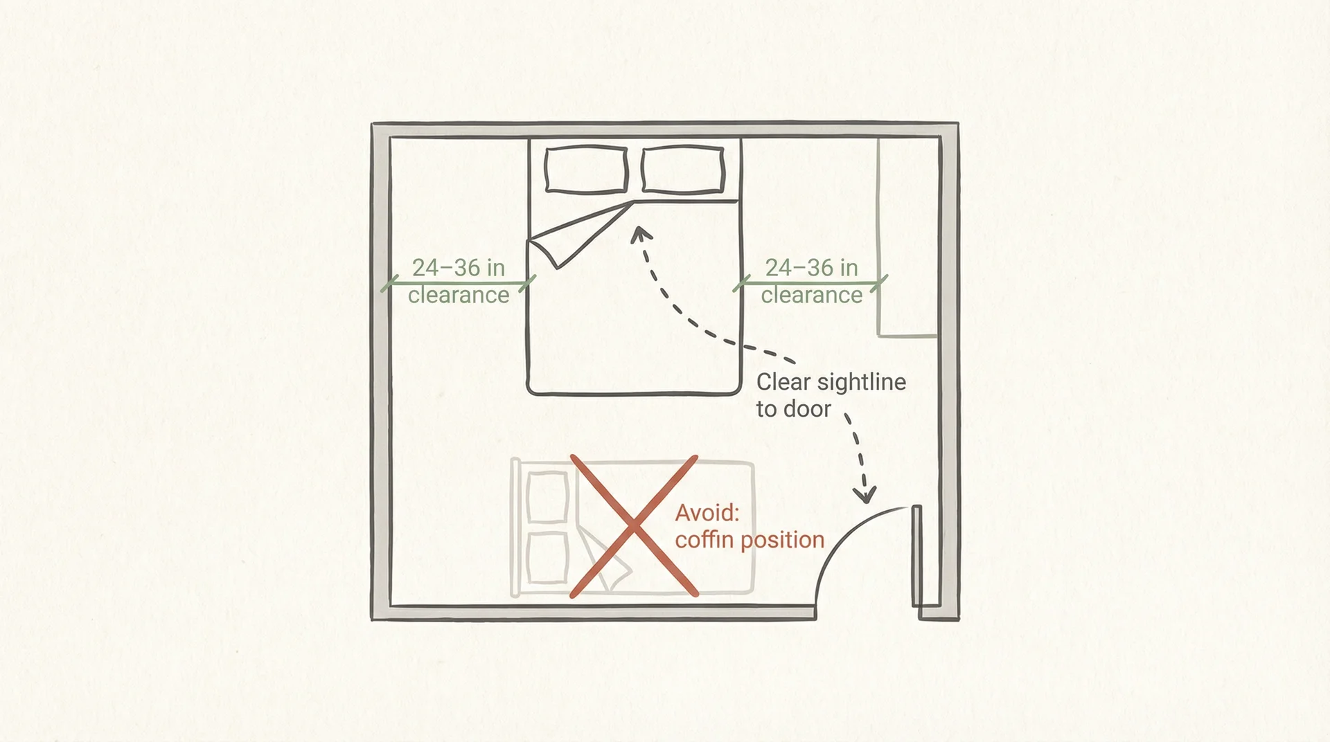 Floor plan diagram showing commanding position bed placement with sightline to door and clearance labels