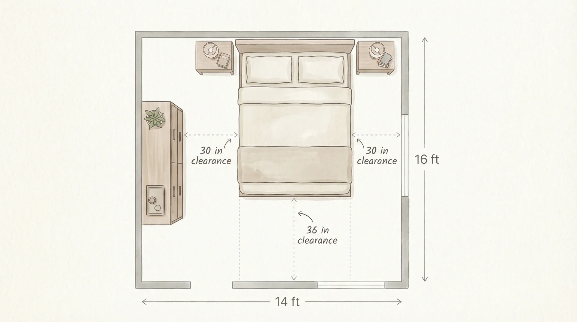 Floor plan of a 14x16 ft master bedroom showing king bed placement with clearance measurements labeled
