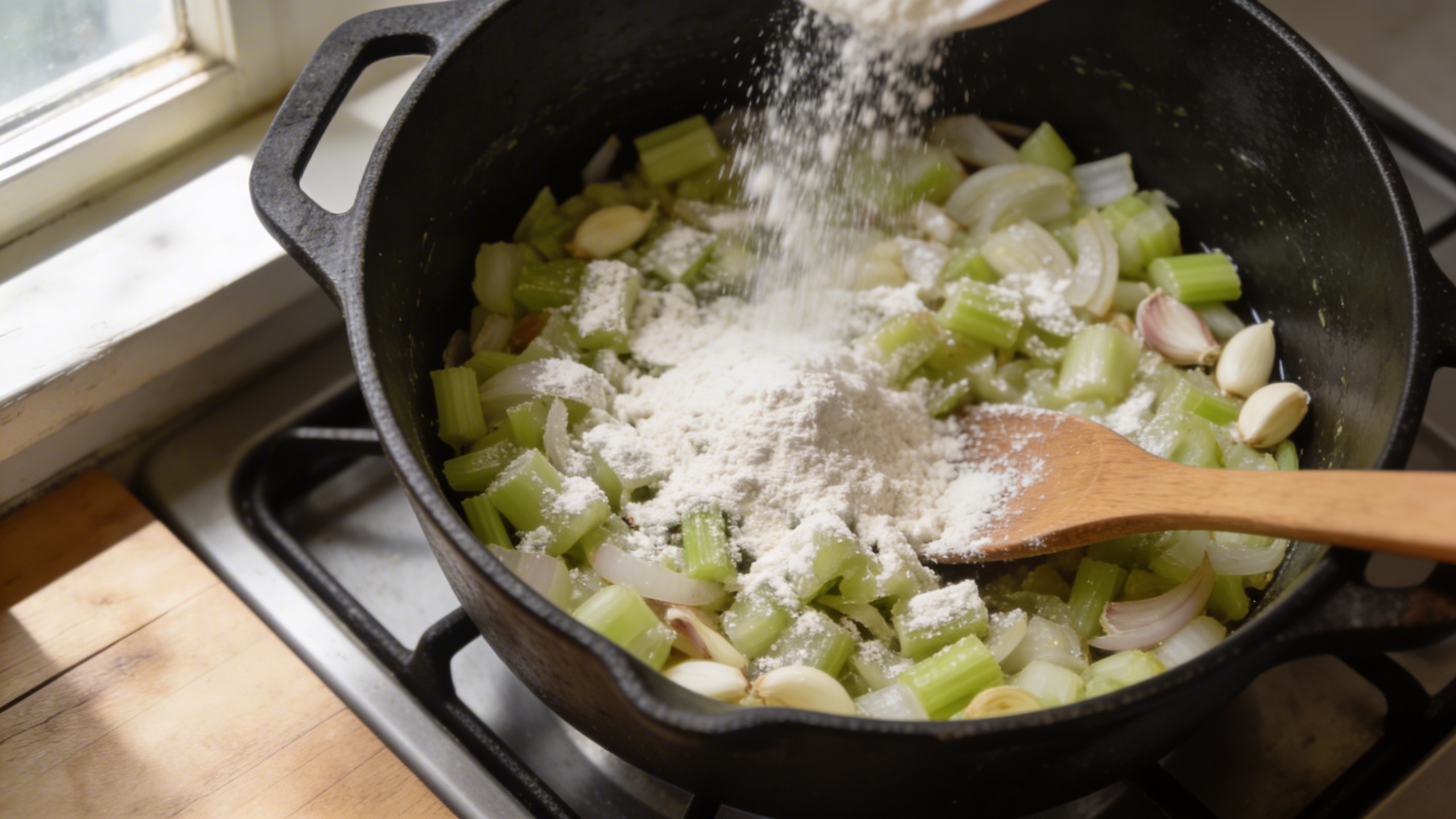 Flour sprinkled over sautéed celery, onion, and garlic to thicken soup base