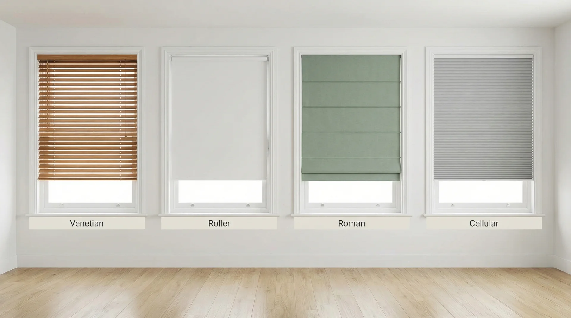 Four blind types side by side: Venetian, roller, Roman, and cellular, shown on identical white window frames