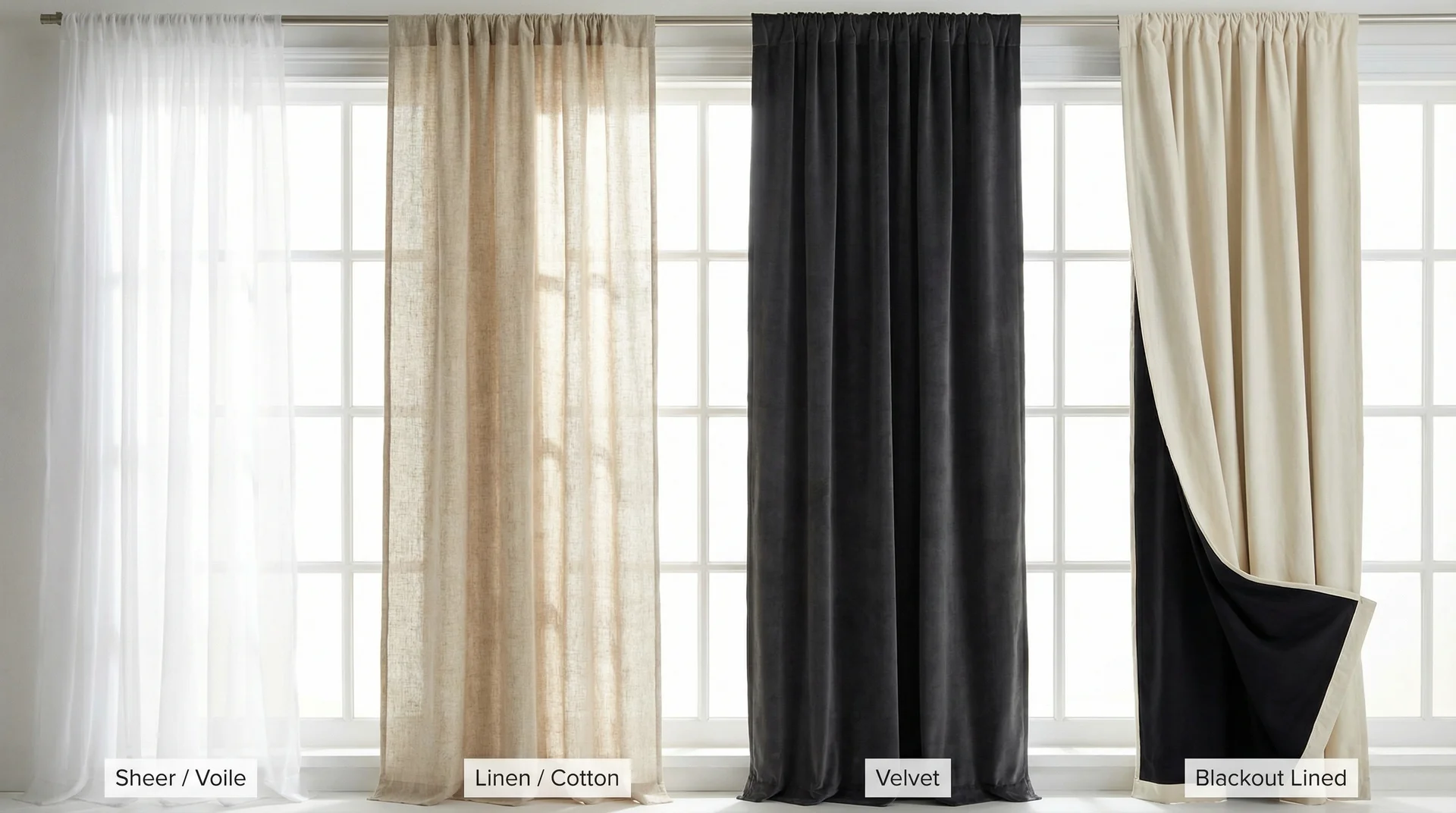Four curtain fabrics backlit to show light transmission: sheer voile, linen, velvet, and blackout-lined cotton