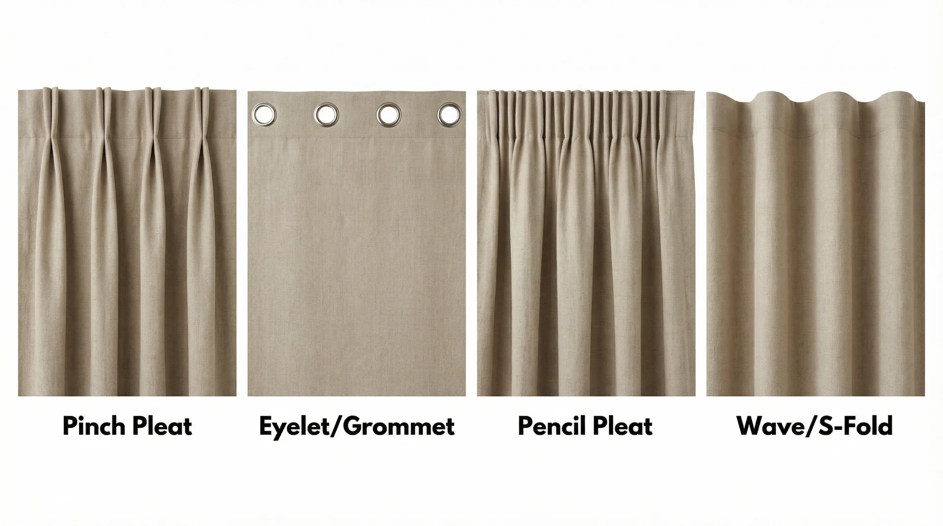 Four curtain heading styles illustrated side by side: pinch pleat, eyelet, pencil pleat, and wave fold 
