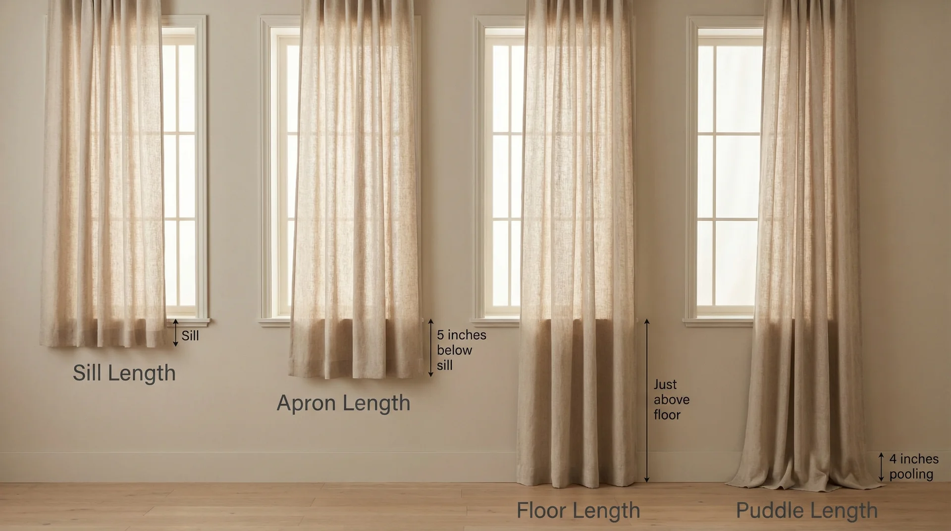 Four curtain length styles side by side: sill, apron, floor, and puddle length on identical windows 