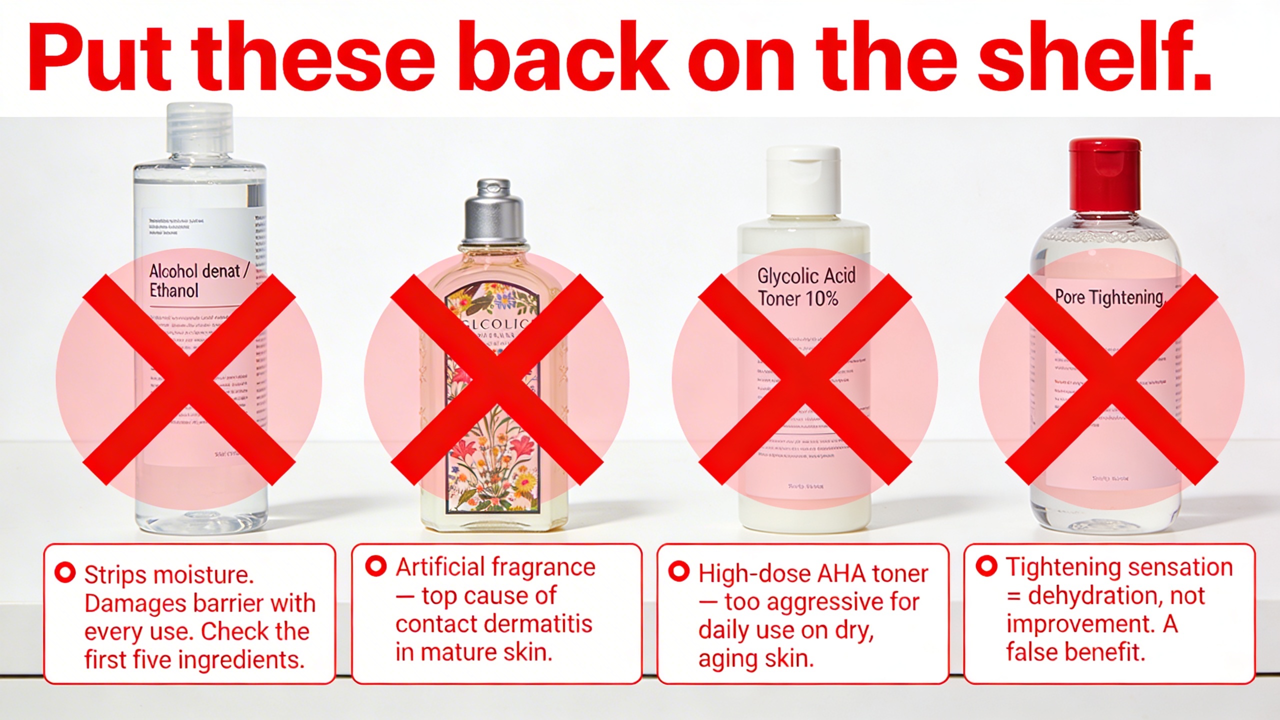 Four ingredients and formulations to avoid in a hydrating toner for dry and aging skin.