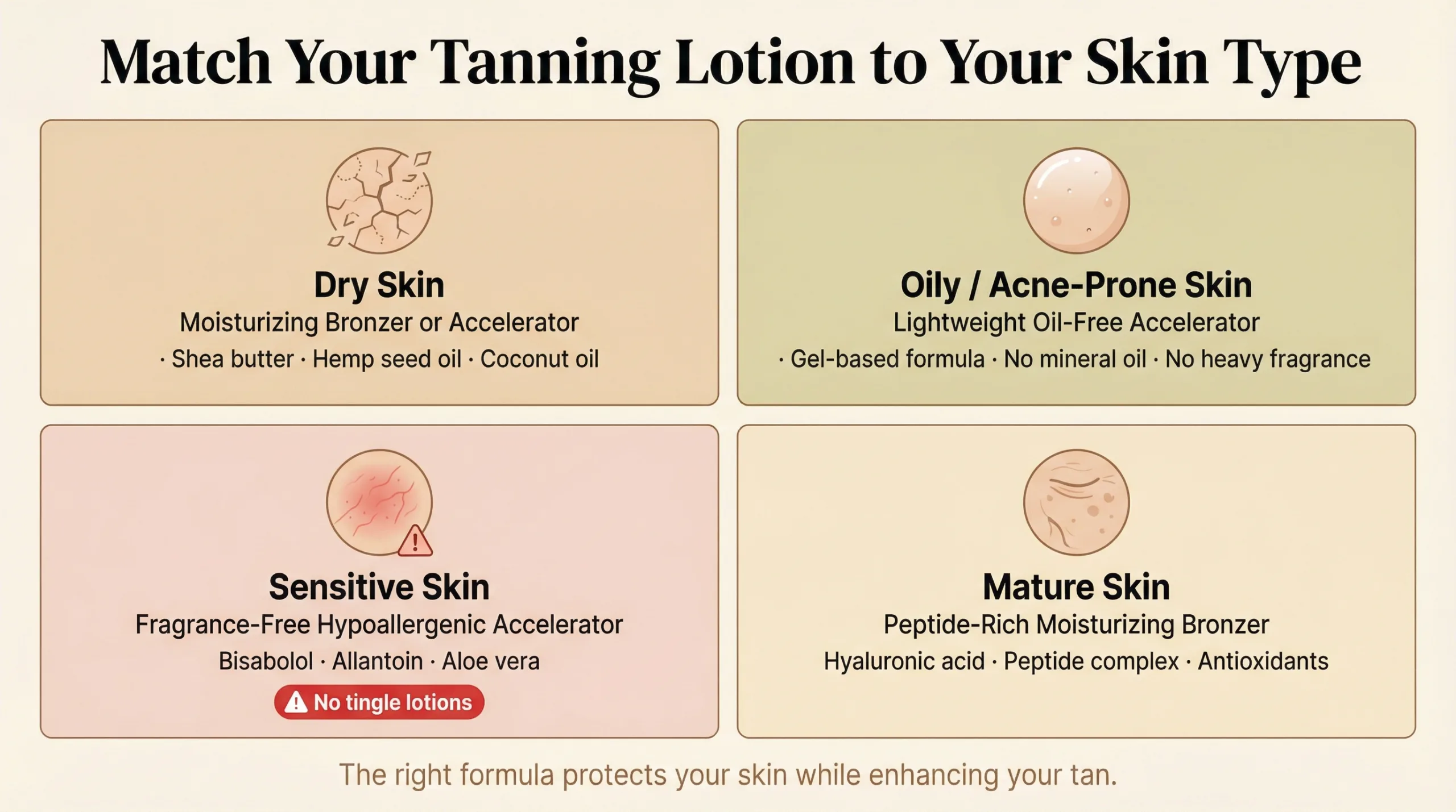 Four-panel infographic matching tanning lotion type to skin type — dry, oily, sensitive, and mature — with key ingredients recommended for each