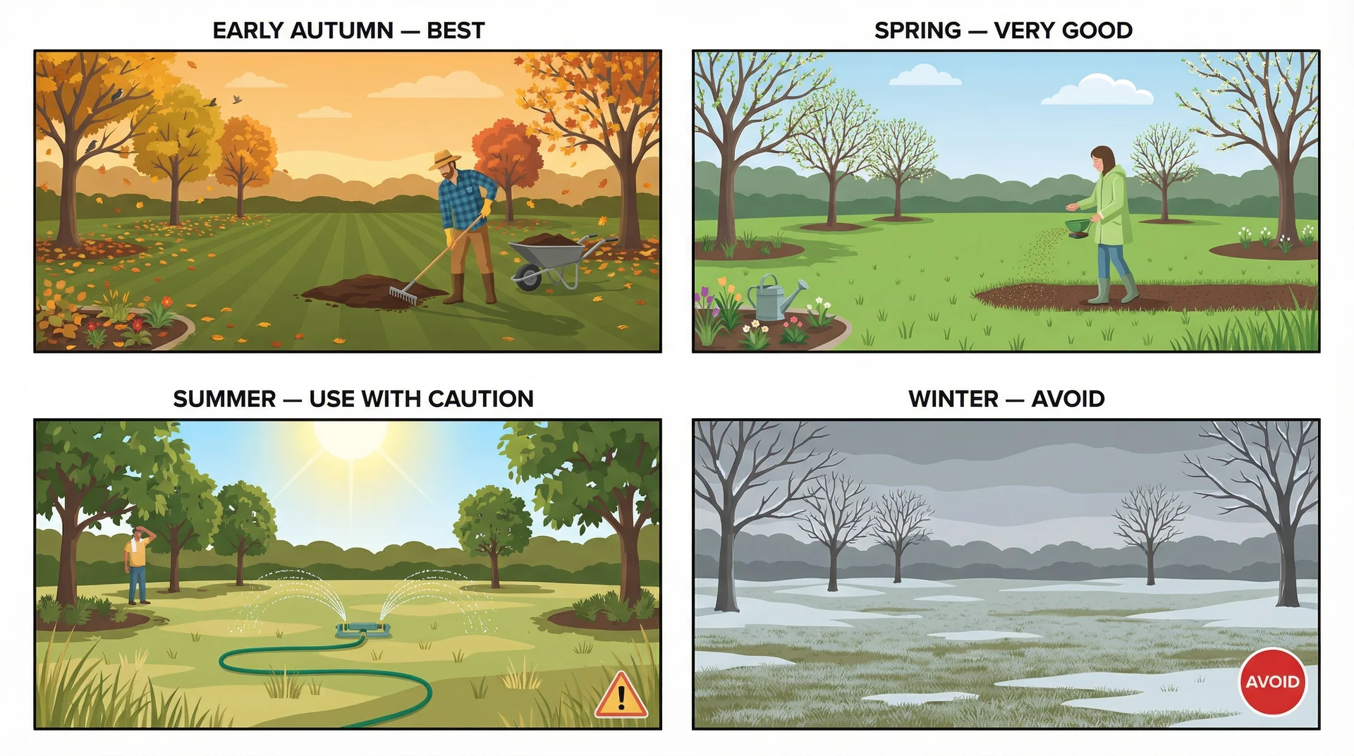 Four-panel seasonal illustration showing early autumn as the best time to apply topsoil, spring as good, summer as cautious, and winter as a period to avoid.
