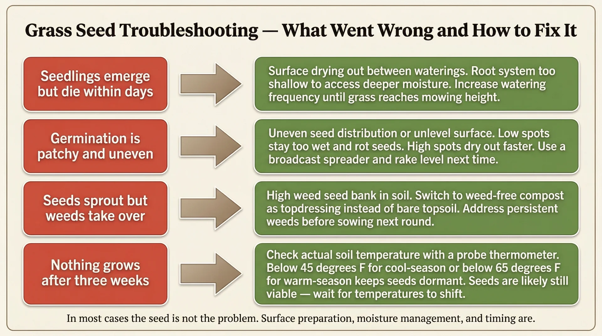 Four-row troubleshooting infographic for common grass seed germination problems including seedling death, patchy growth, and no germination
