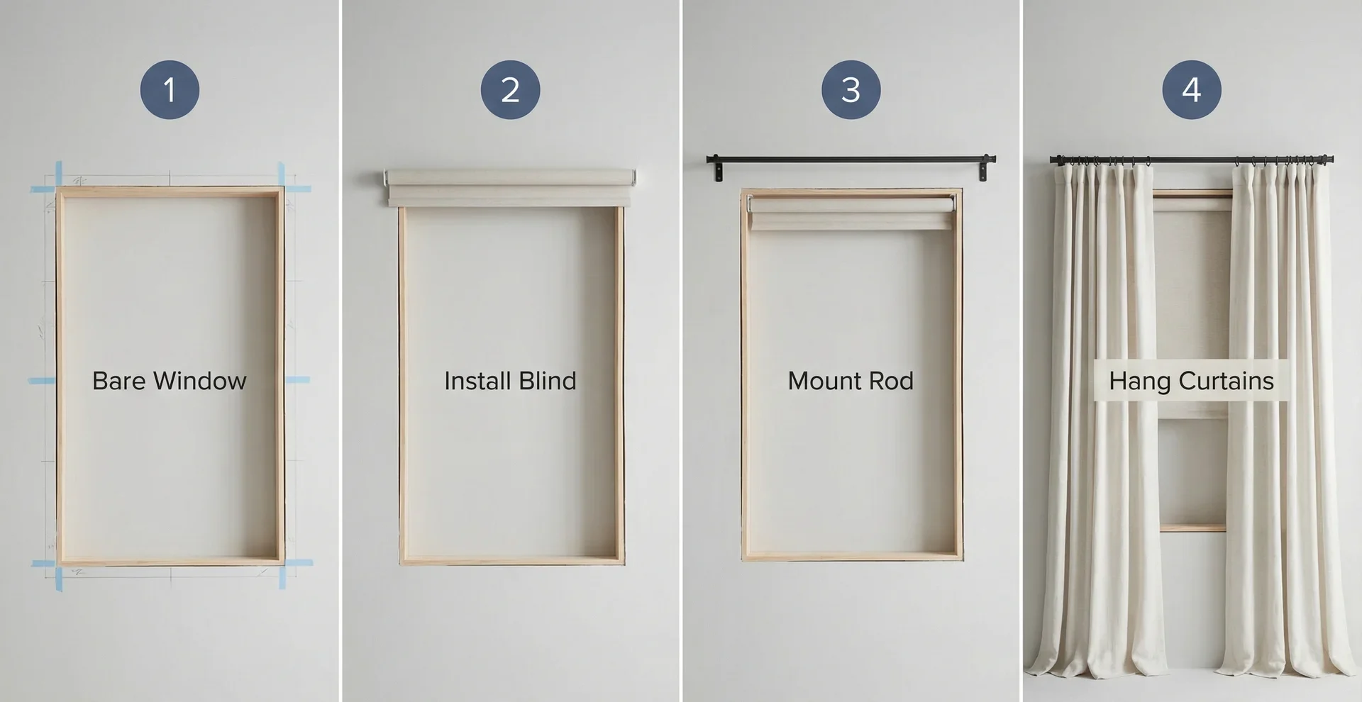 Four-stage installation diagram showing how to hang curtains over blinds from bare window to finished treatment 