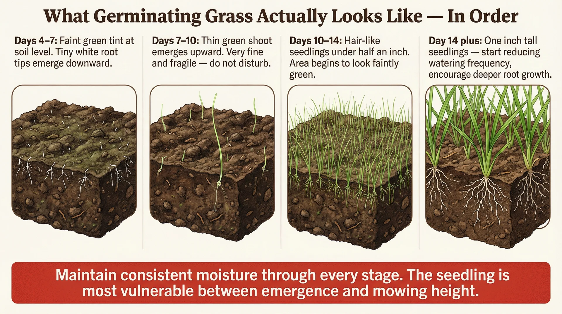 Four-stage sequential illustration showing what grass seed germination looks like from first root tips through one inch seedling height
