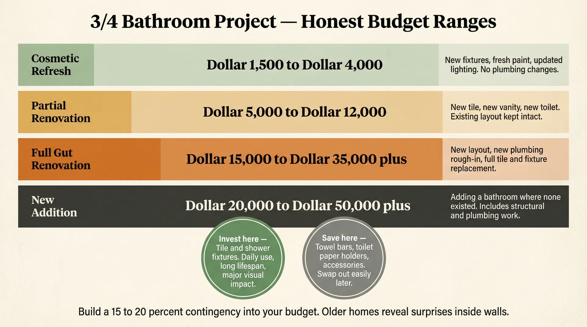 Four-tier budget infographic for 3/4 bathroom projects ranging from cosmetic refresh at $1,500 to new addition at $50,000
