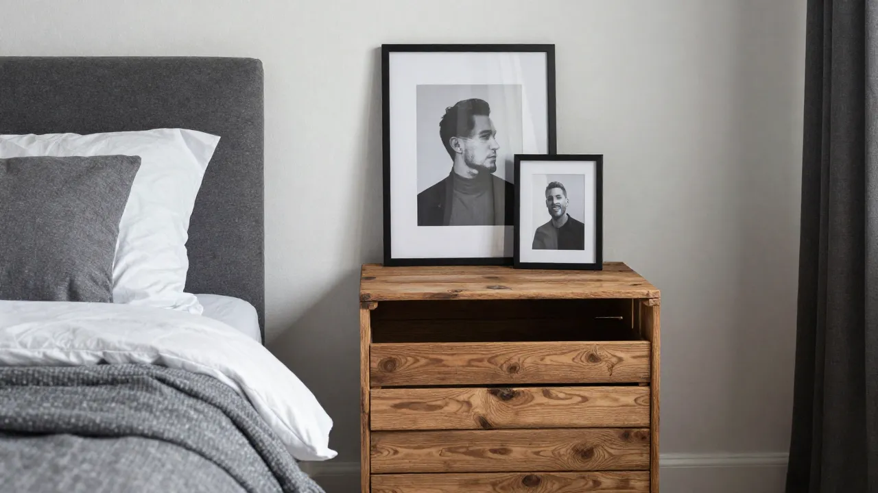 Framed vintage map on bedroom wall beside a repurposed wooden crate nightstand — free bedroom styling idea for men