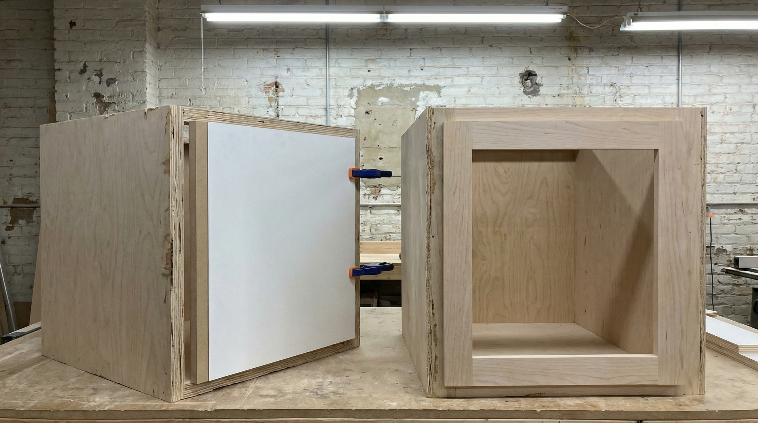 Frameless and face-frame cabinet boxes compared in a real workshop setting