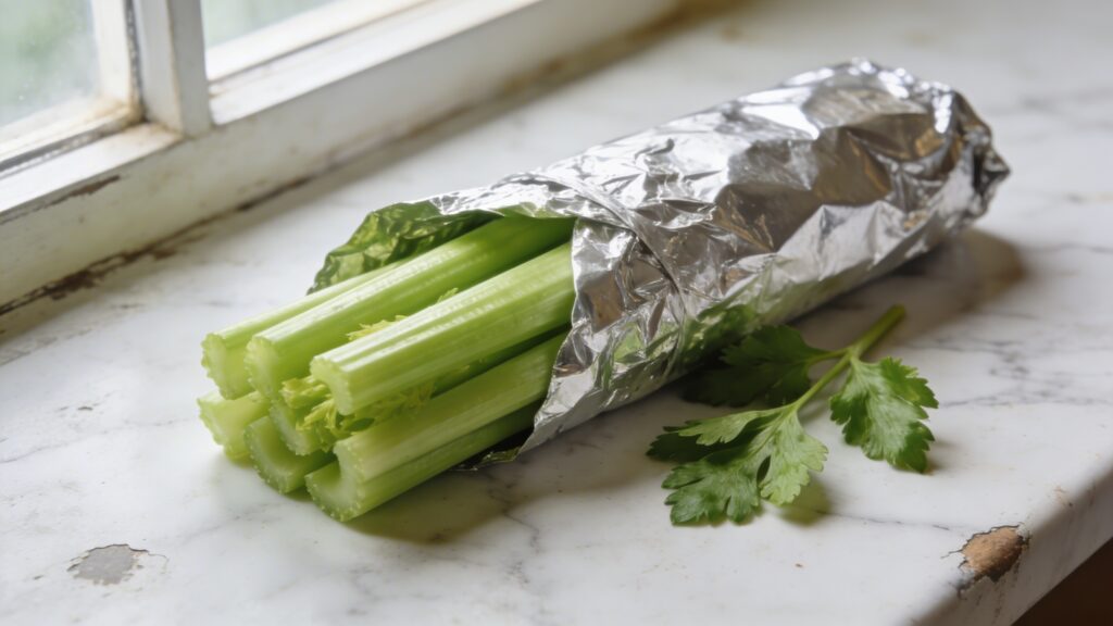 Fresh celery stalks wrapped in aluminium foil on a white marble surface with natural light, partially unwrapped to show crisp green stalks