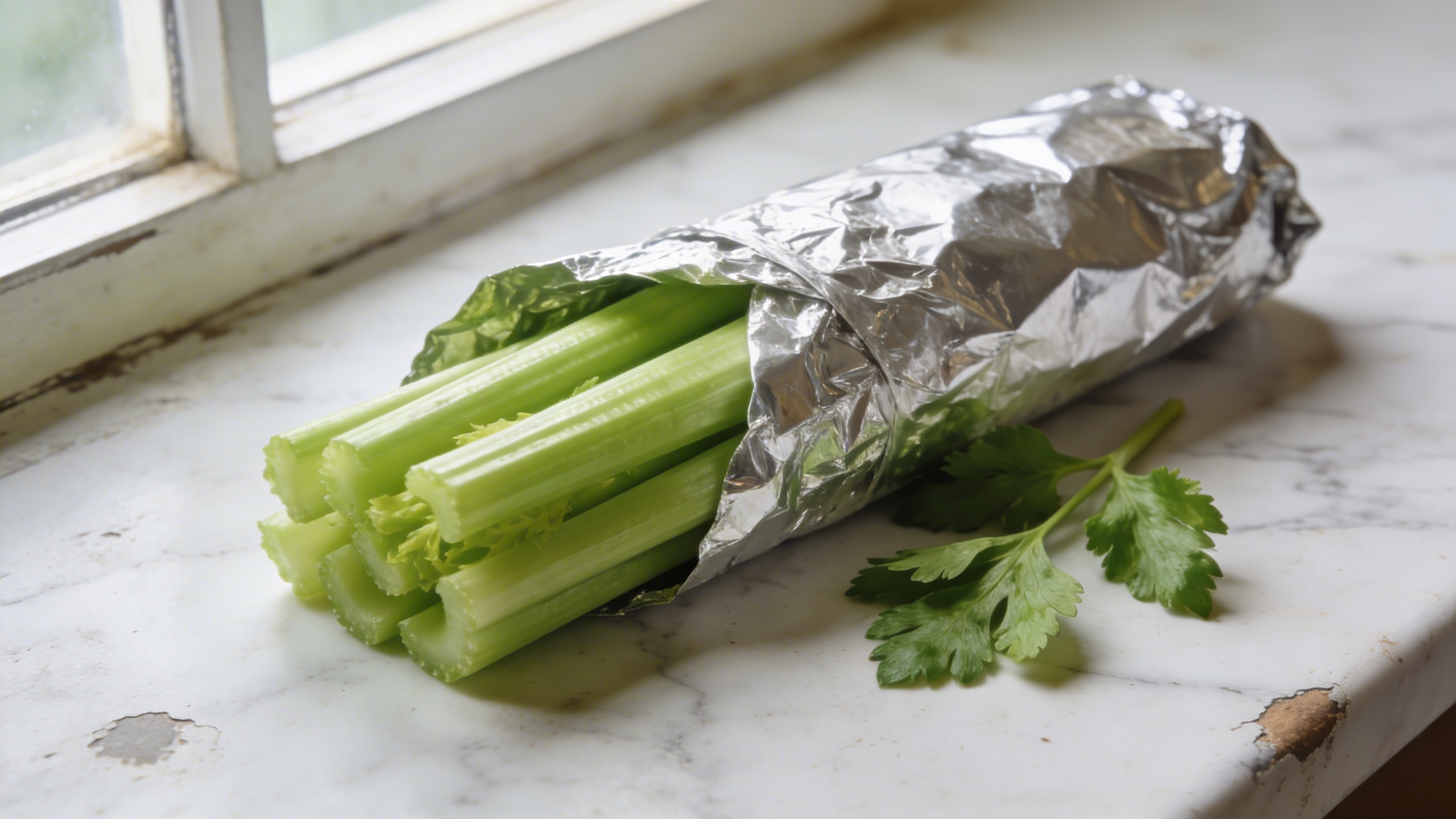 Fresh celery stalks wrapped in aluminium foil on a white marble surface with natural light, partially unwrapped to show crisp green stalks