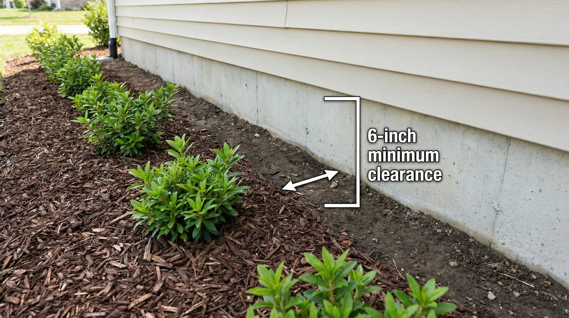 Garden bed mulch along house foundation with annotated 6-inch clearance gap between mulch and exterior wall 