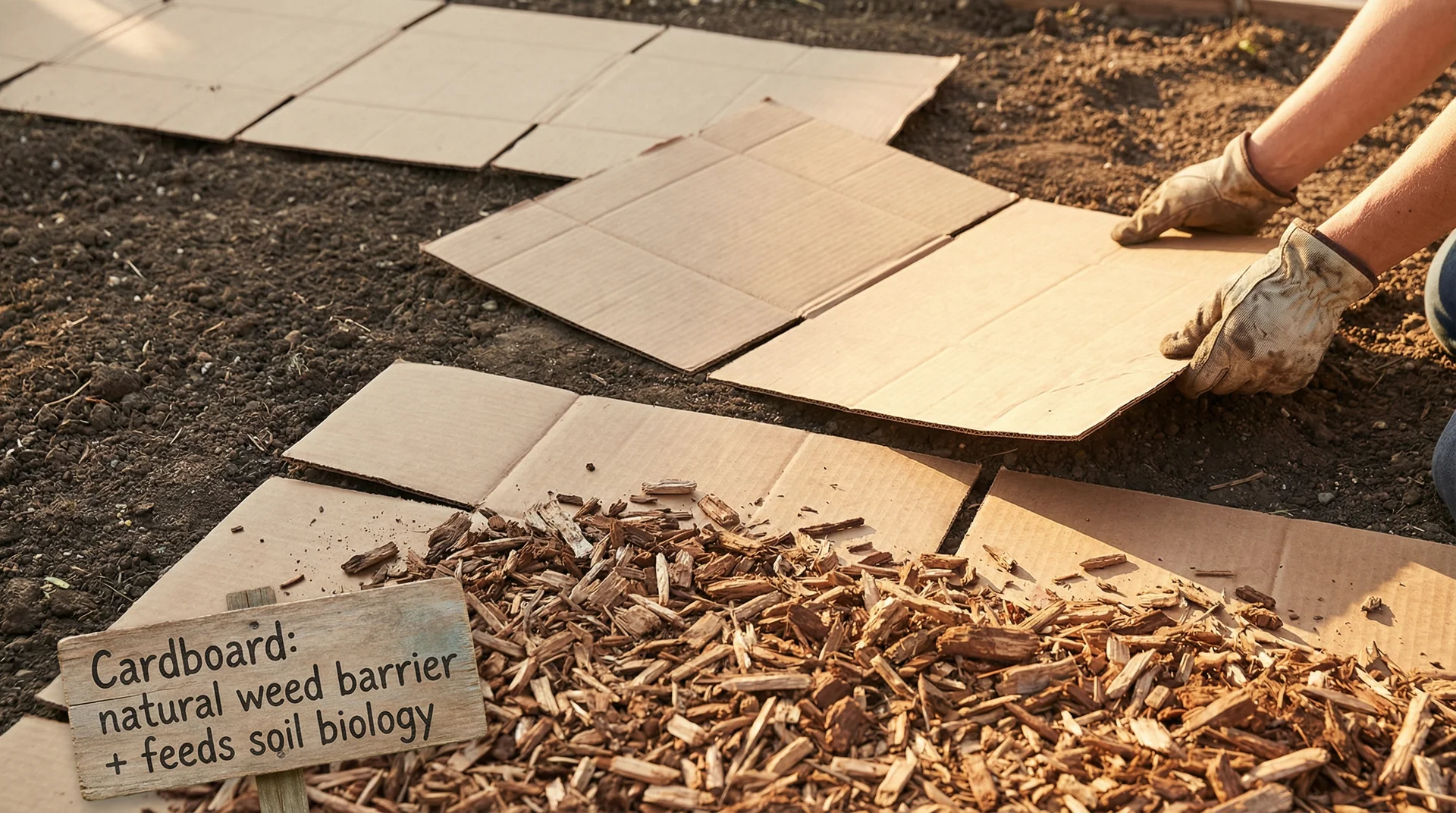 Gardener laying overlapping cardboard sheets on soil bed before spreading wood chip mulch on top as a natural weed barrier