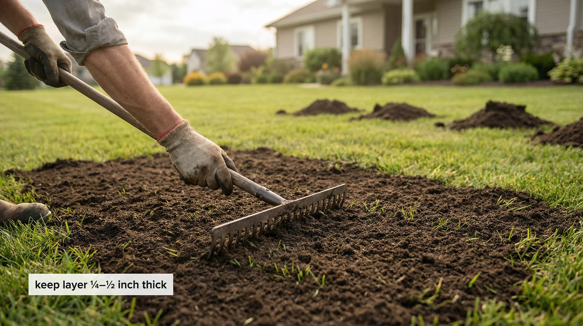 Gardener spreading a thin layer of dark topsoil over short-mown grass with a flat rake during the top-dressing process.
