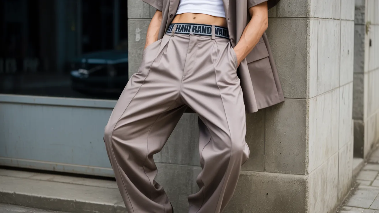 Gen Z model wearing low-rise baggy trousers with a visible waistband detail and longer fitted top in a modern street-style look