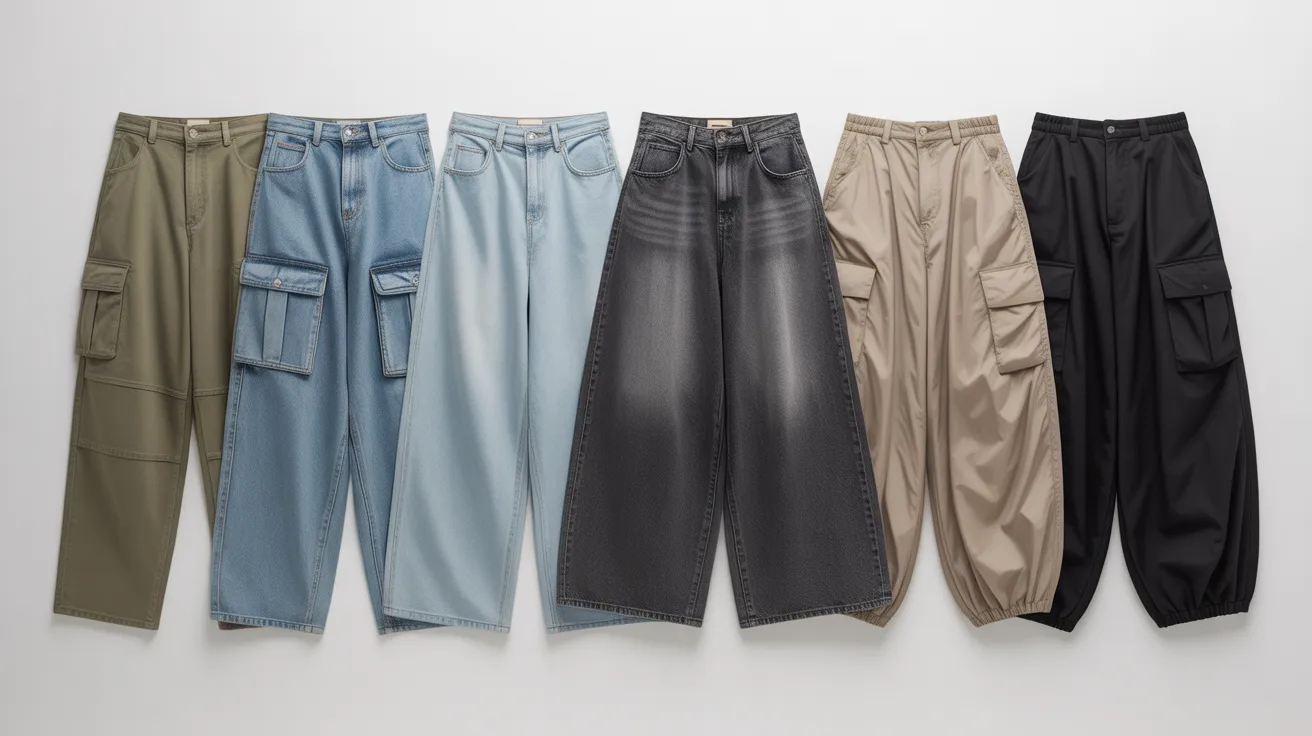 Gen Z trending pants displayed on a white background, including cargo pants, mom jeans, wide-leg baggy denim, parachute pants, and low-rise trousers arranged side by side
