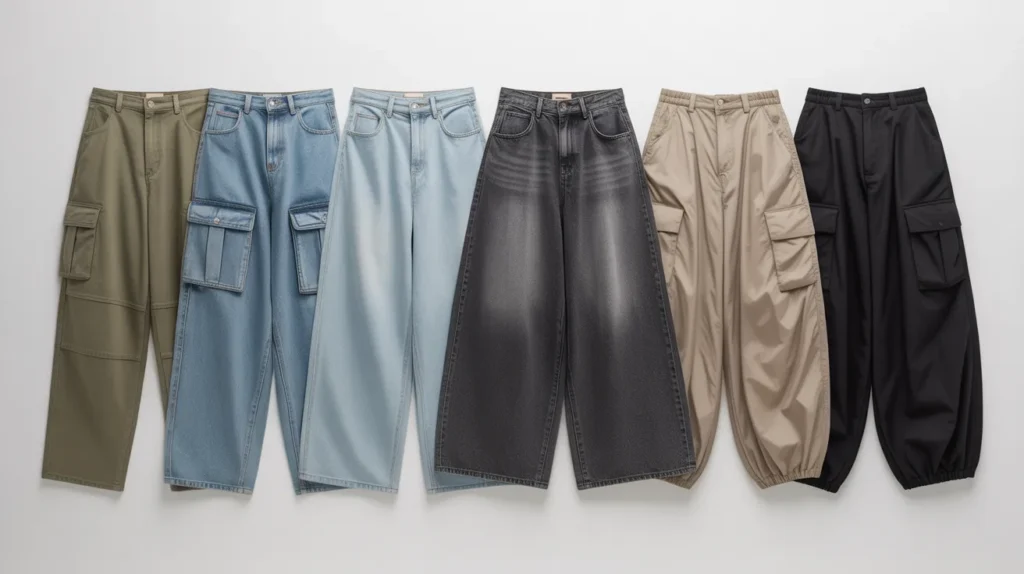 Gen Z trending pants displayed on a white background, including cargo pants, mom jeans, wide-leg baggy denim, parachute pants, and low-rise trousers arranged side by side